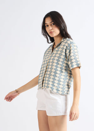 All Yours Cyan Blue Crochet Cuban Shirt Side