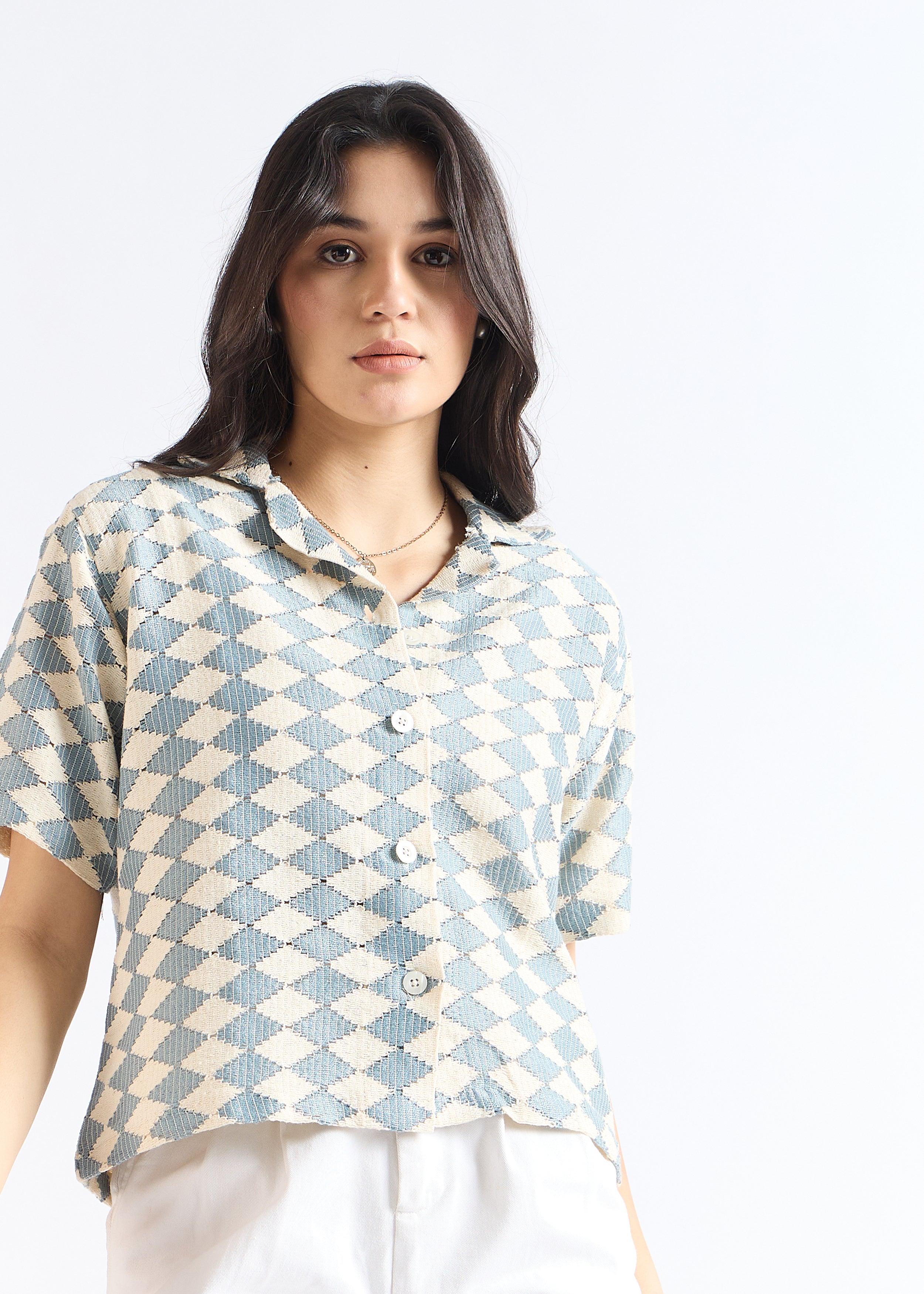 All Yours Cyan Blue Crochet Cuban Shirt Zoom