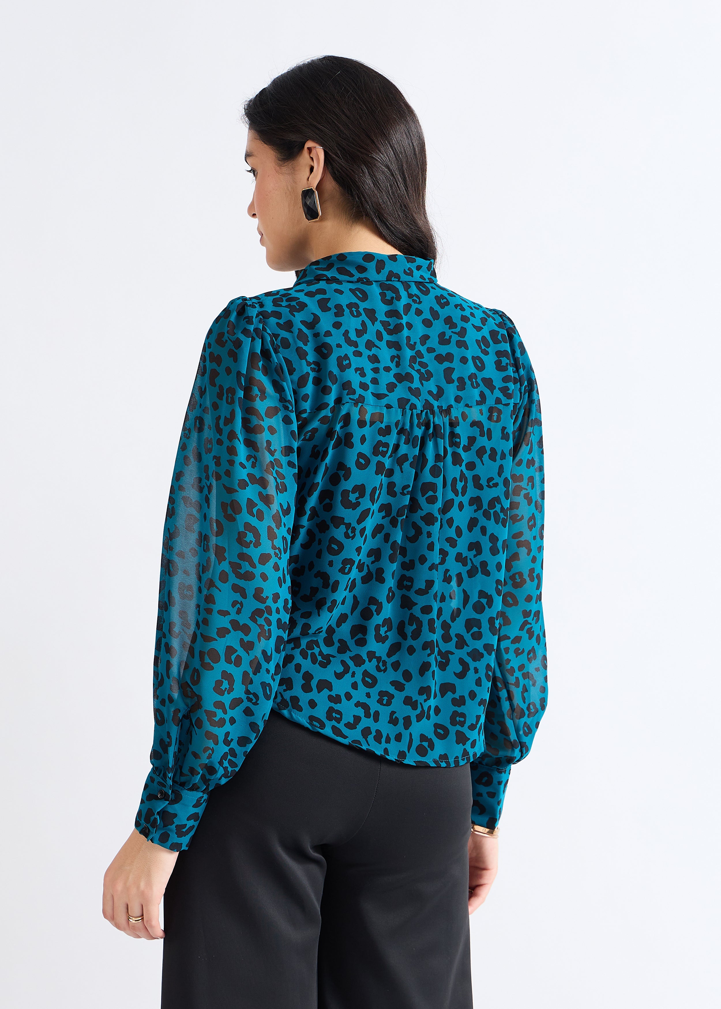 All Yours Dark Aquamarine Animal Print Sheer Shirt Back