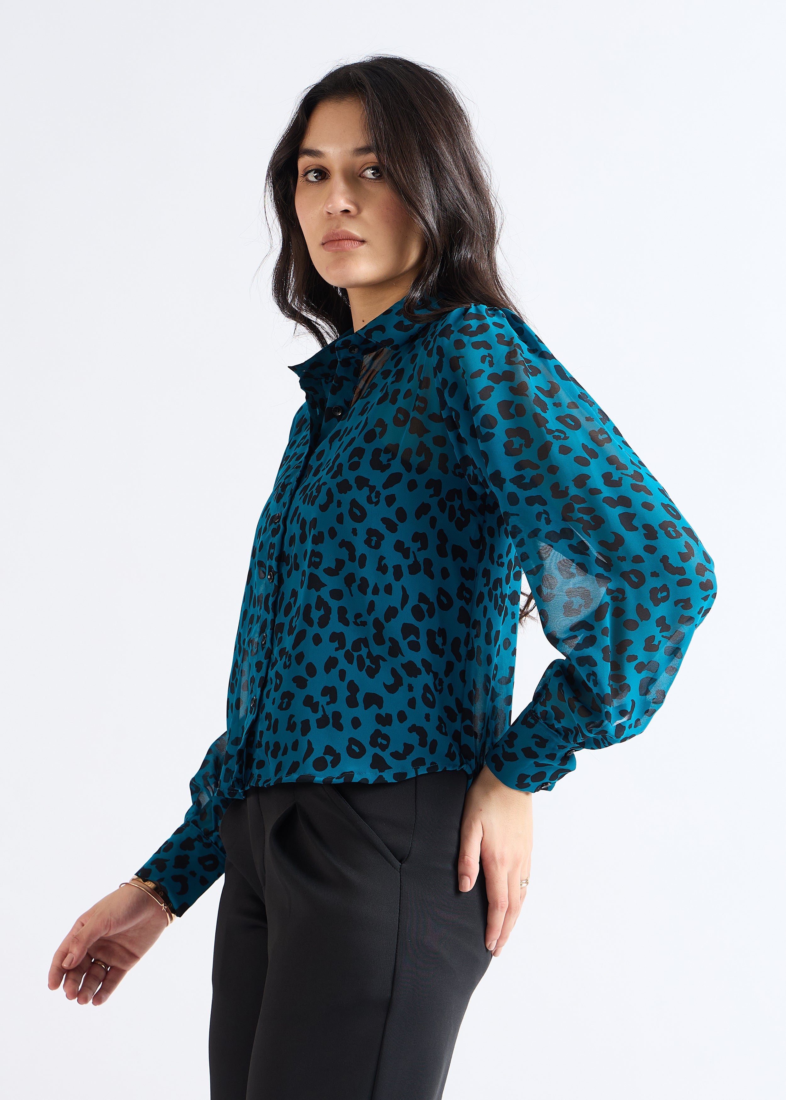 All Yours Dark Aquamarine Animal Print Sheer Shirt Side