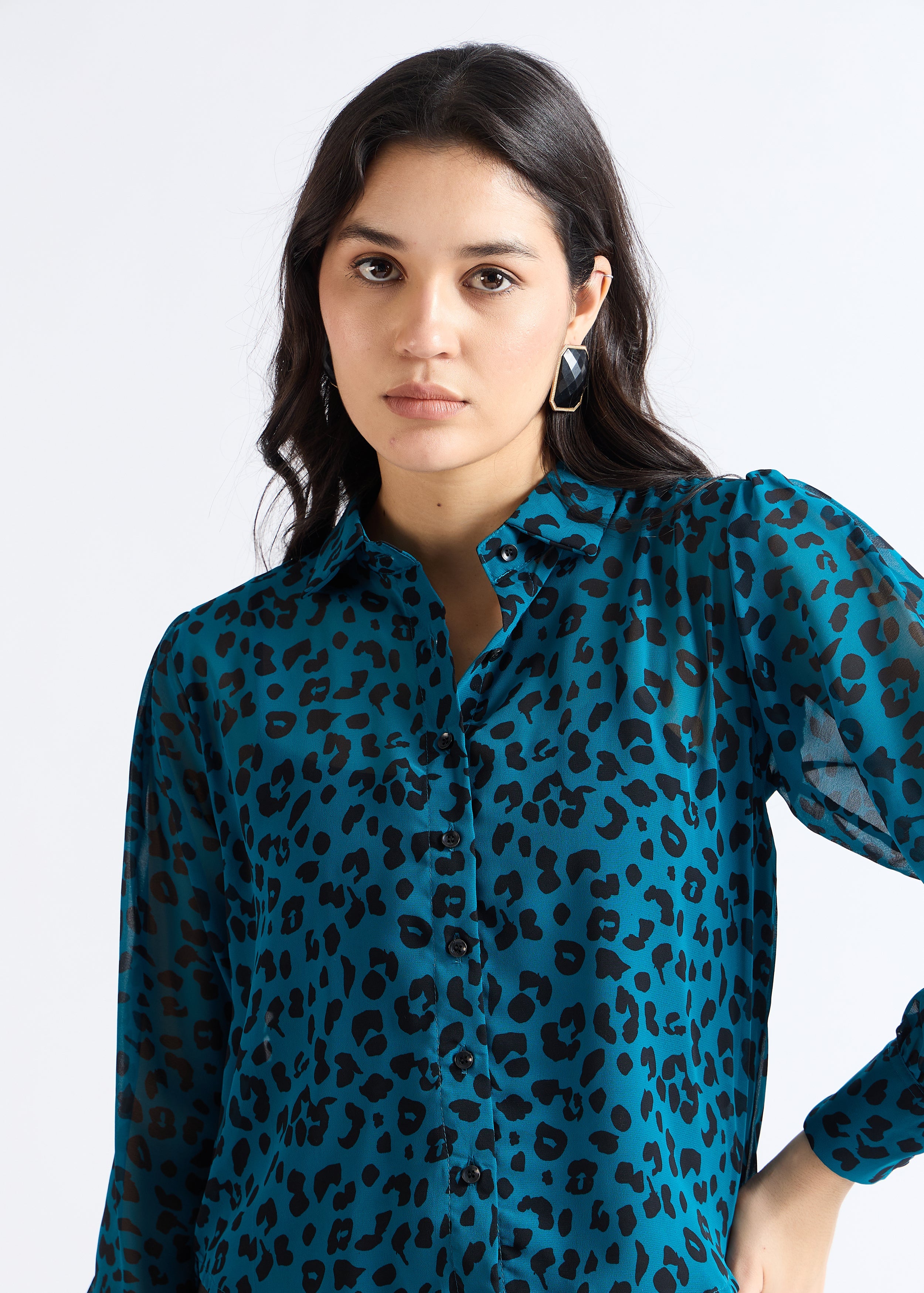 All Yours Dark Aquamarine Animal Print Sheer Shirt Zoom