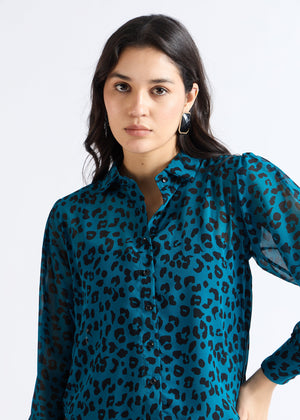 All Yours Dark Aquamarine Animal Print Sheer Shirt Zoom