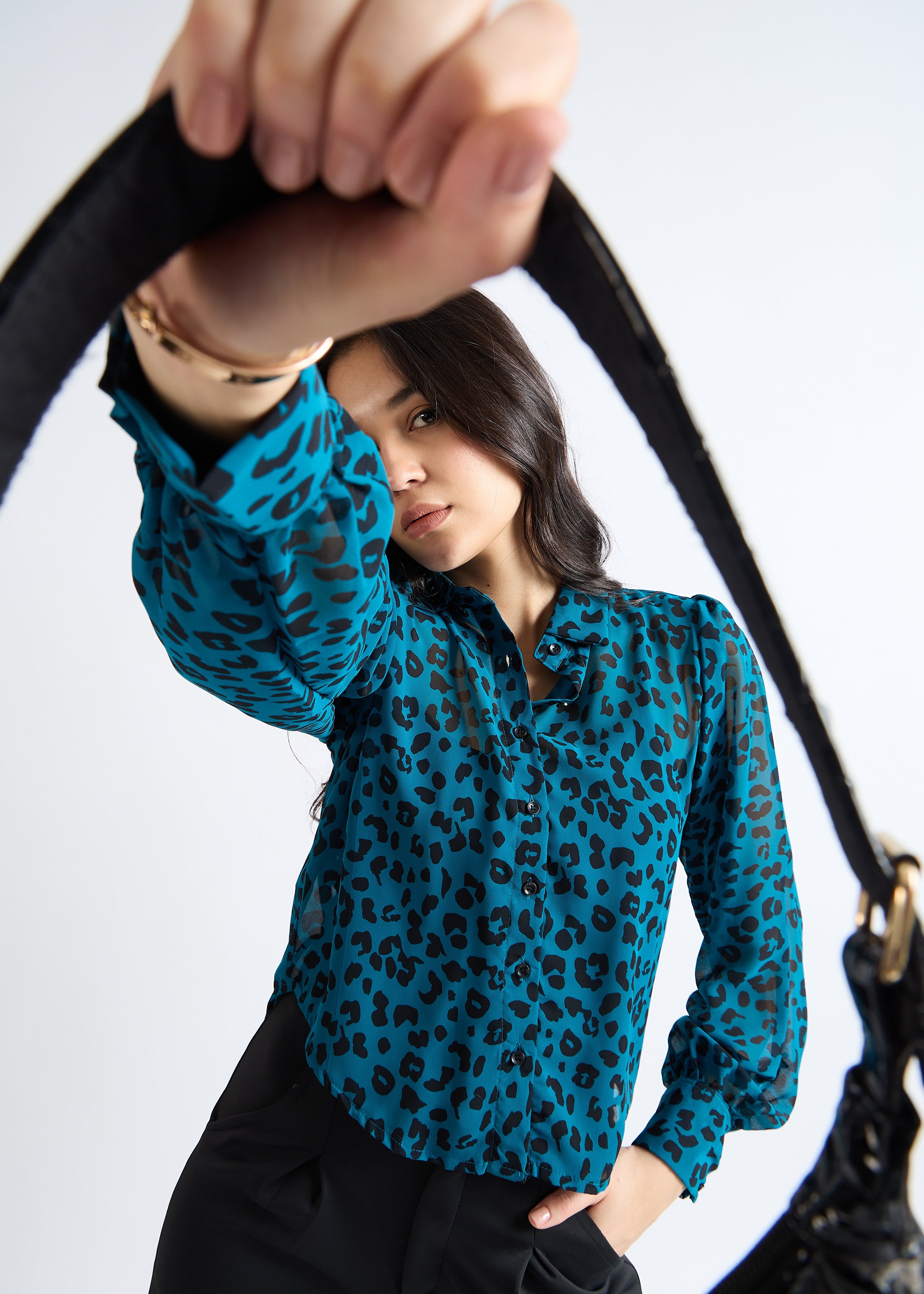All Yours Dark Aquamarine Animal Print Sheer Shirt Zoom_2