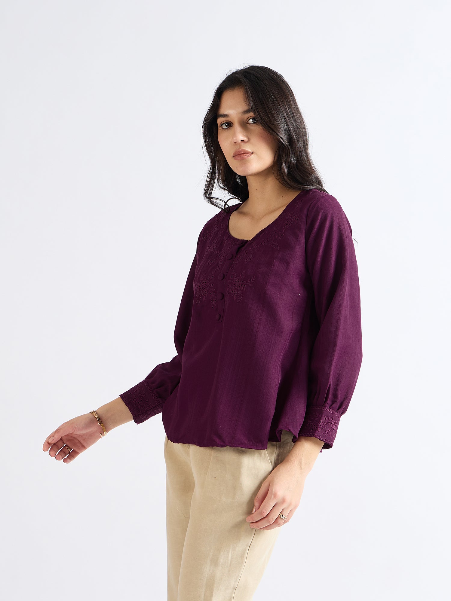 All Yours Dark Raspberry Floral Embroidered Blouse Side