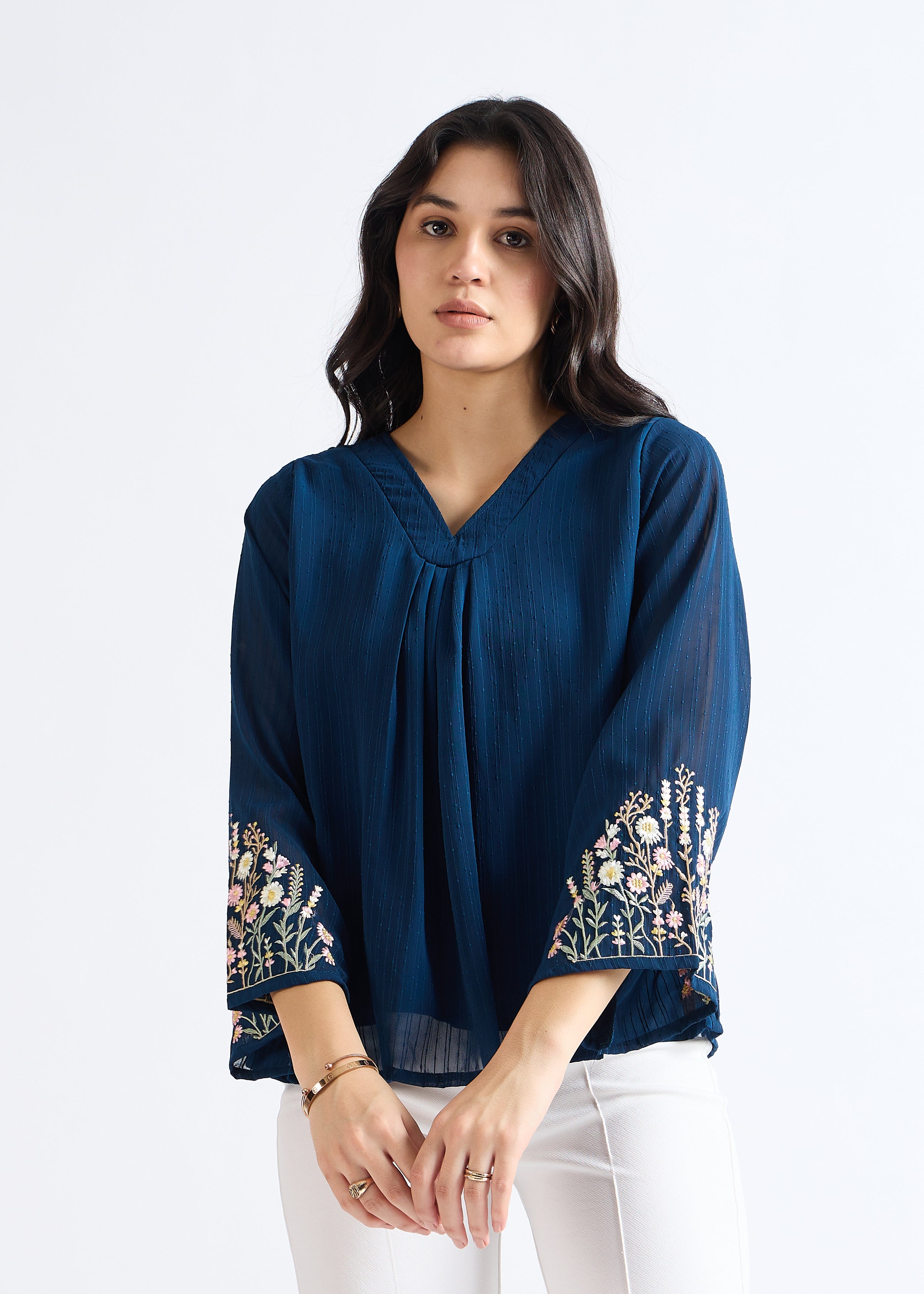 All Yours Dusty Blue Embroidered Georgette Blouse Front_1