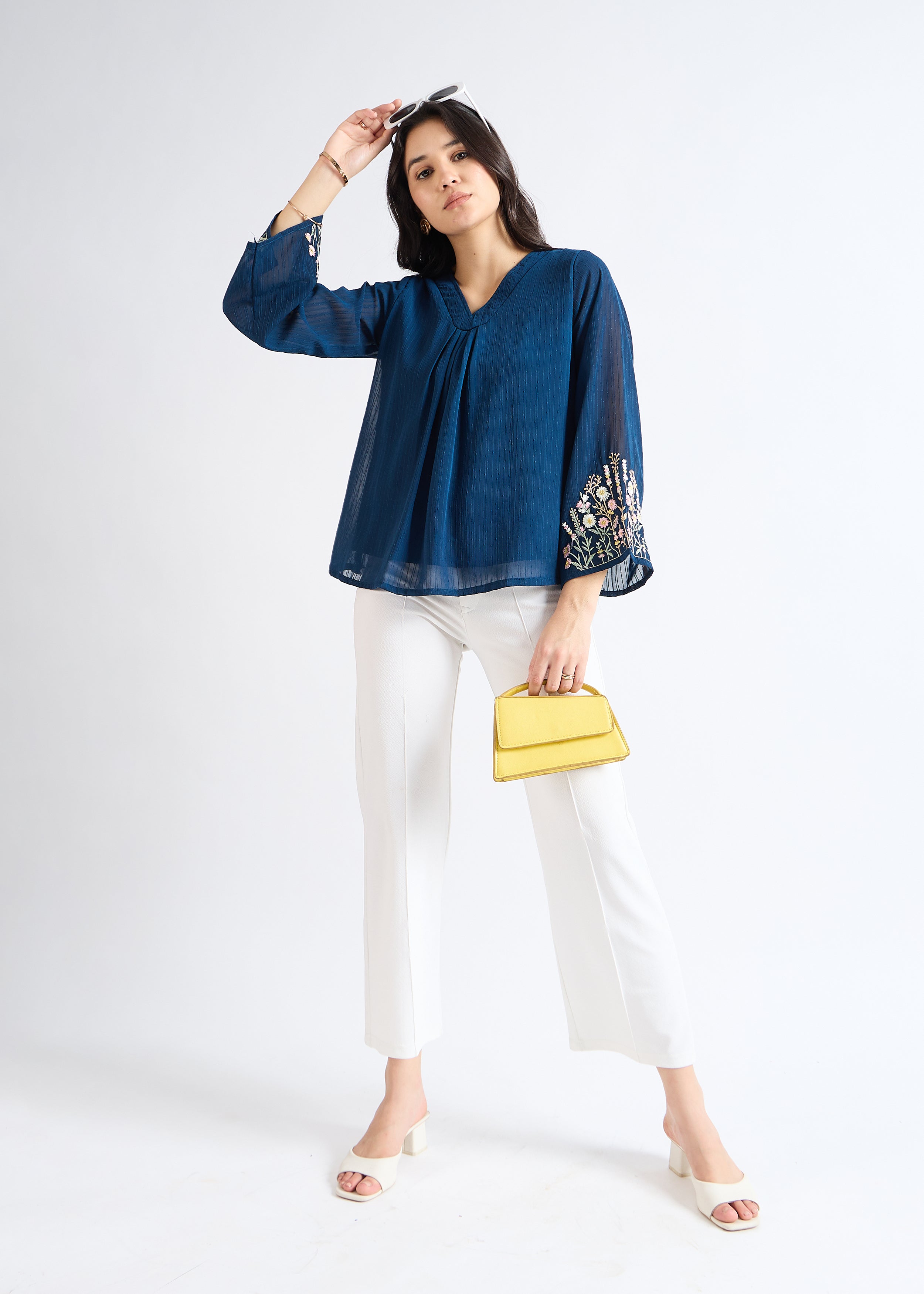All Yours Dusty Blue Embroidered Georgette Blouse Front_2