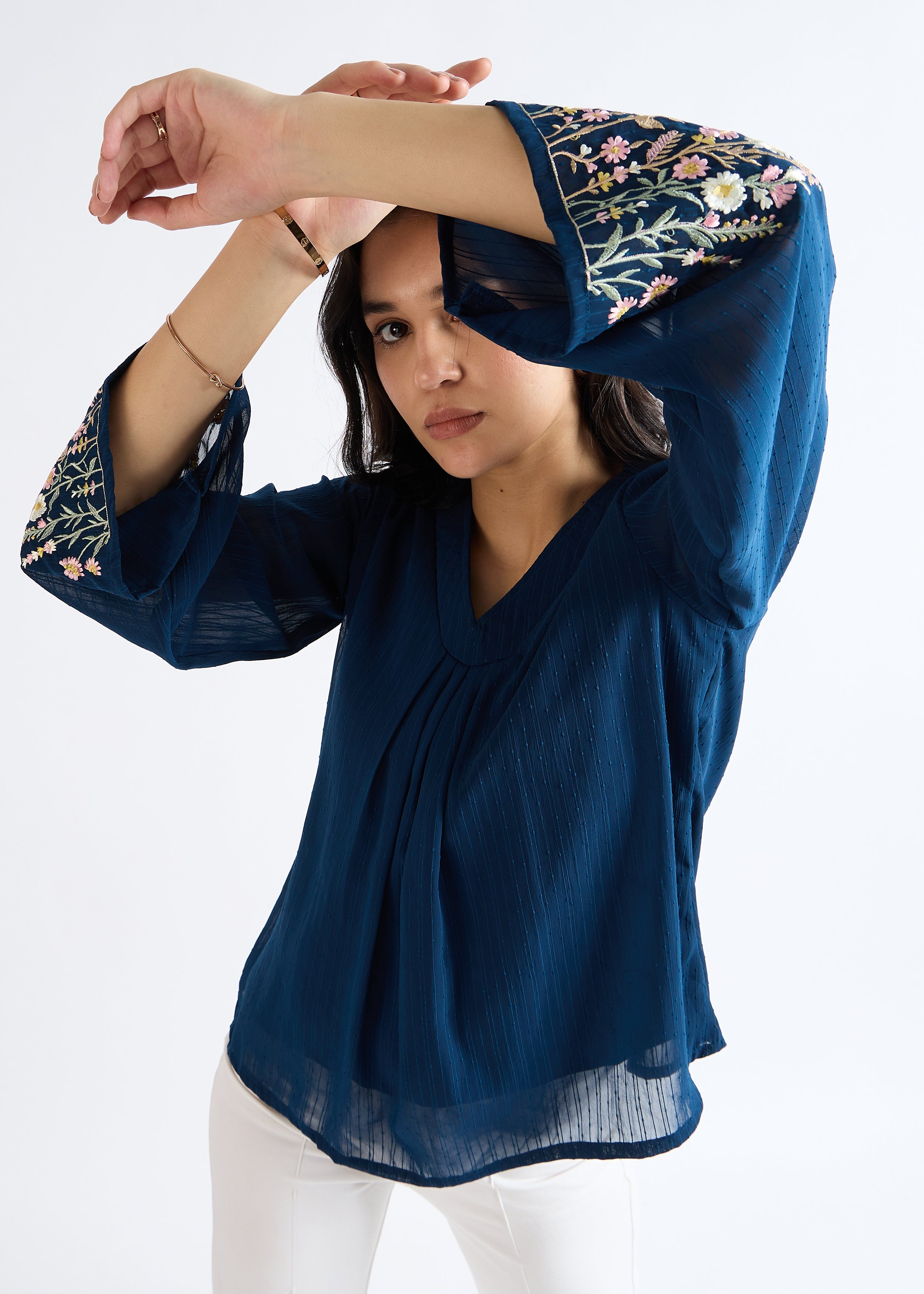 All Yours Dusty Blue Embroidered Georgette Blouse Zoom_1