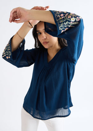 All Yours Dusty Blue Embroidered Georgette Blouse Zoom_1