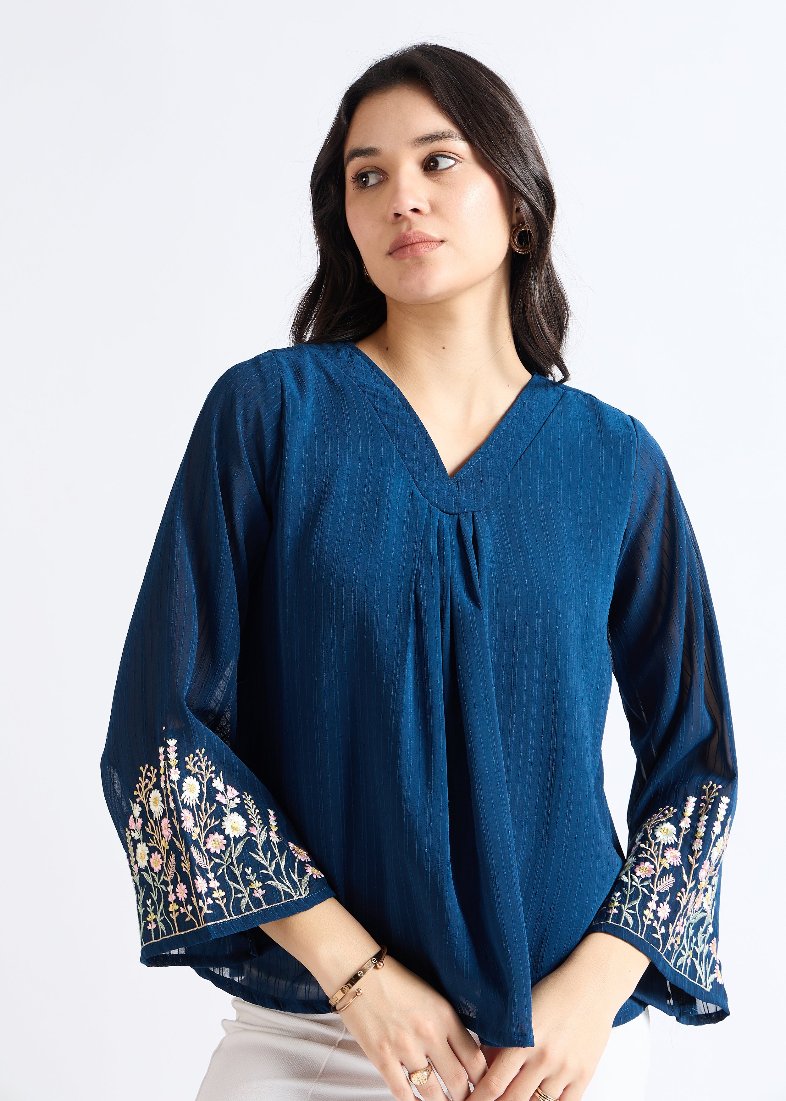 All Yours Dusty Blue Embroidered Georgette Blouse Zoom_2