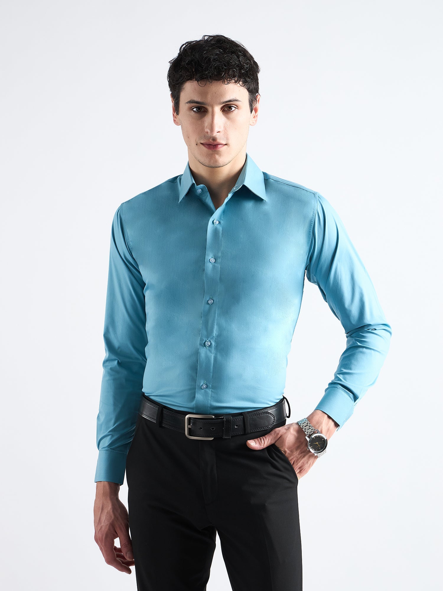 All Yours Fountain Blue Plain Stretch Cotton Shirt Front_1