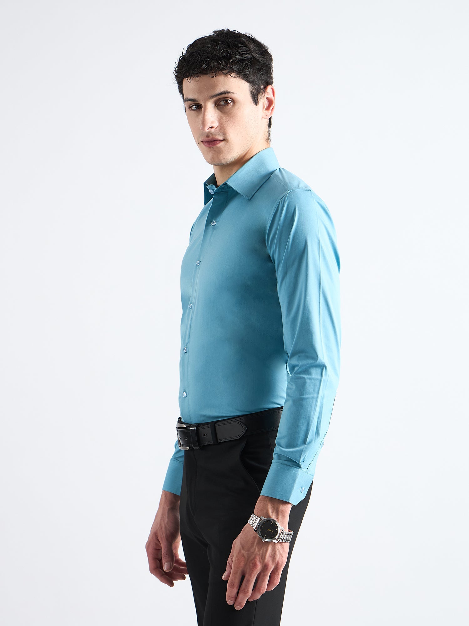 All Yours Fountain Blue Plain Stretch Cotton Shirt Side