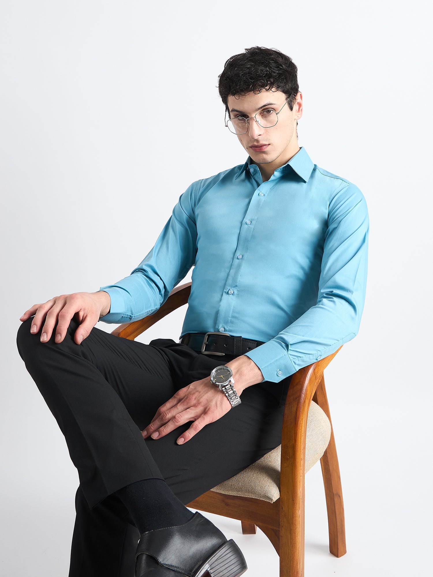 All Yours Fountain Blue Plain Stretch Cotton Shirt Sitting