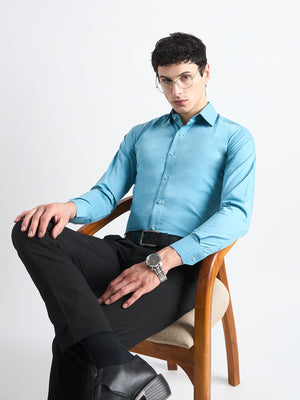 All Yours Fountain Blue Plain Stretch Cotton Shirt Sitting