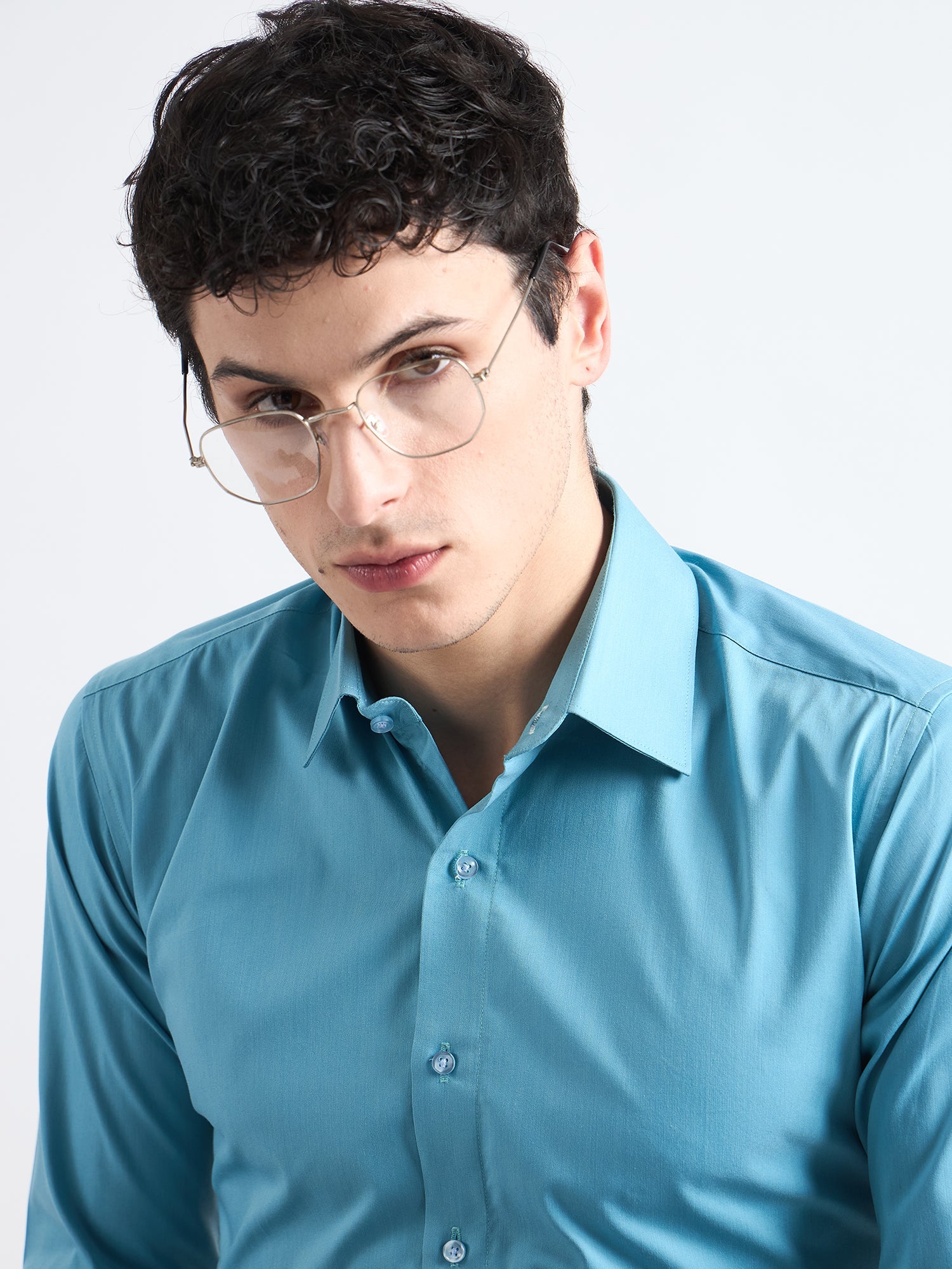 All Yours Fountain Blue Plain Stretch Cotton Shirt Zoom