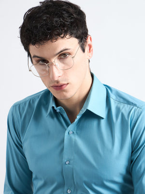 All Yours Fountain Blue Plain Stretch Cotton Shirt Zoom