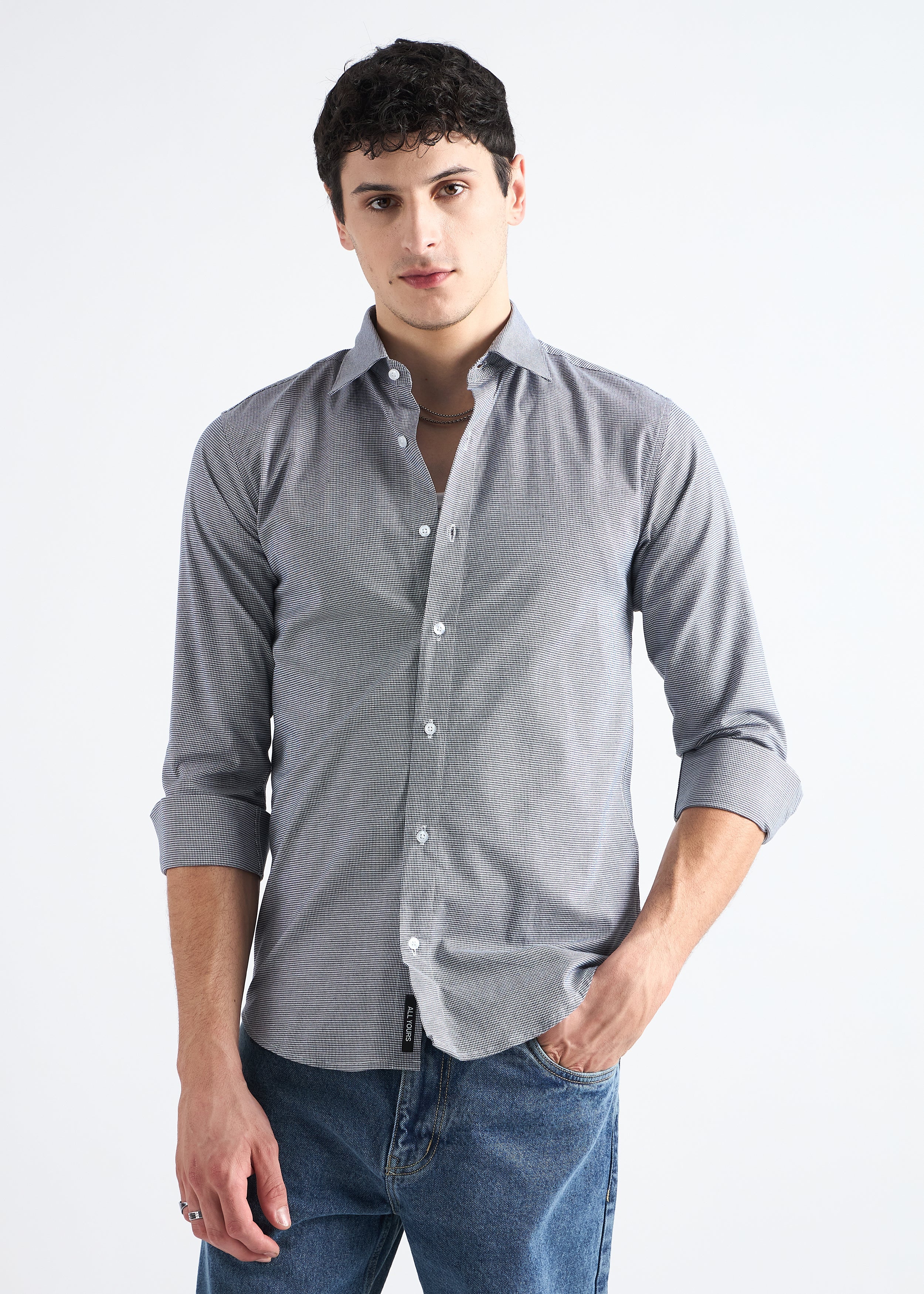 All Yours Granite Grey Houndstooth Checked Cotton Shirt Front_1