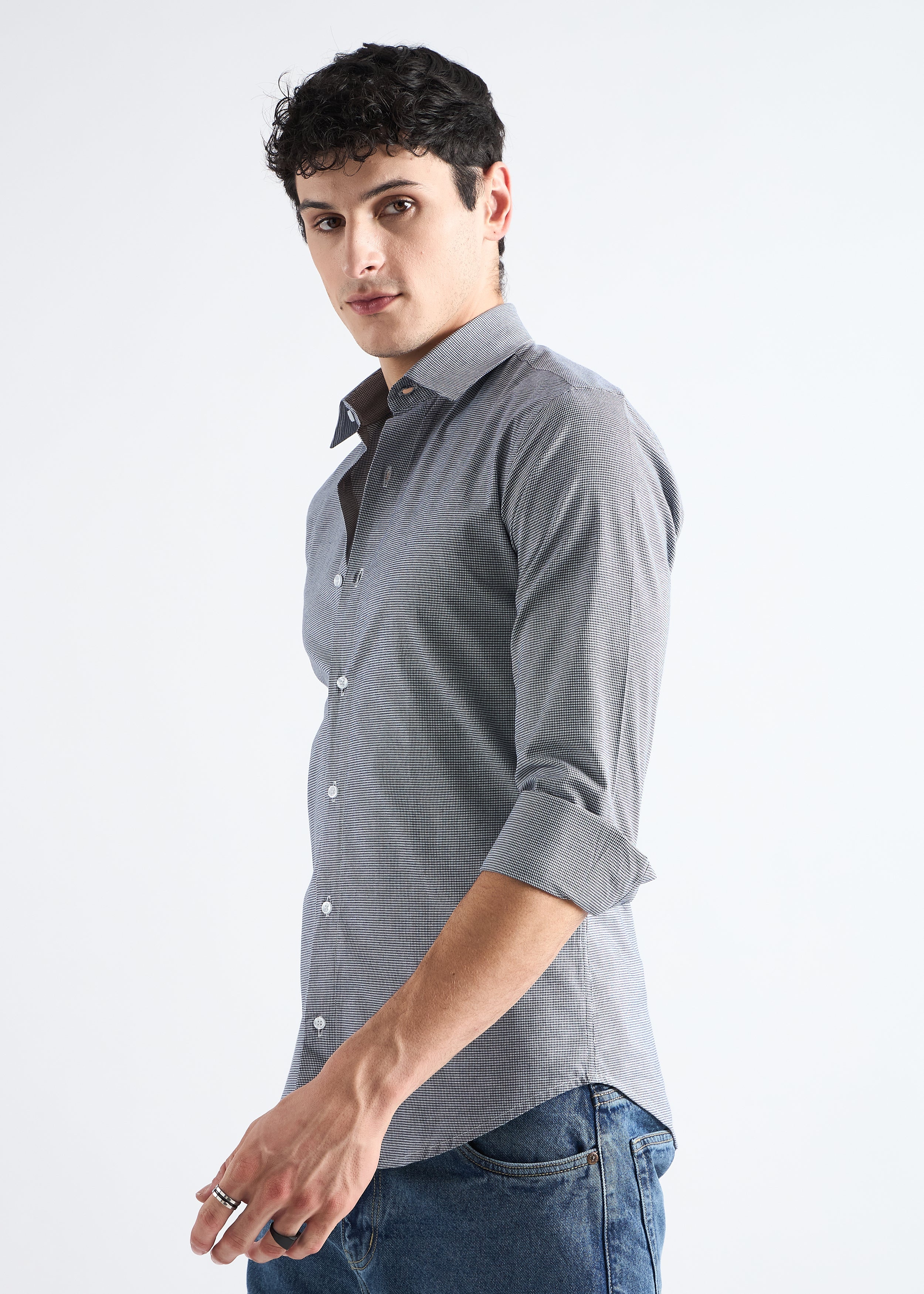 All Yours Granite Grey Houndstooth Checked Cotton Shirt Side