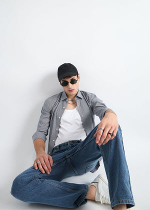 All Yours Granite Grey Houndstooth Checked Cotton Shirt Sitting