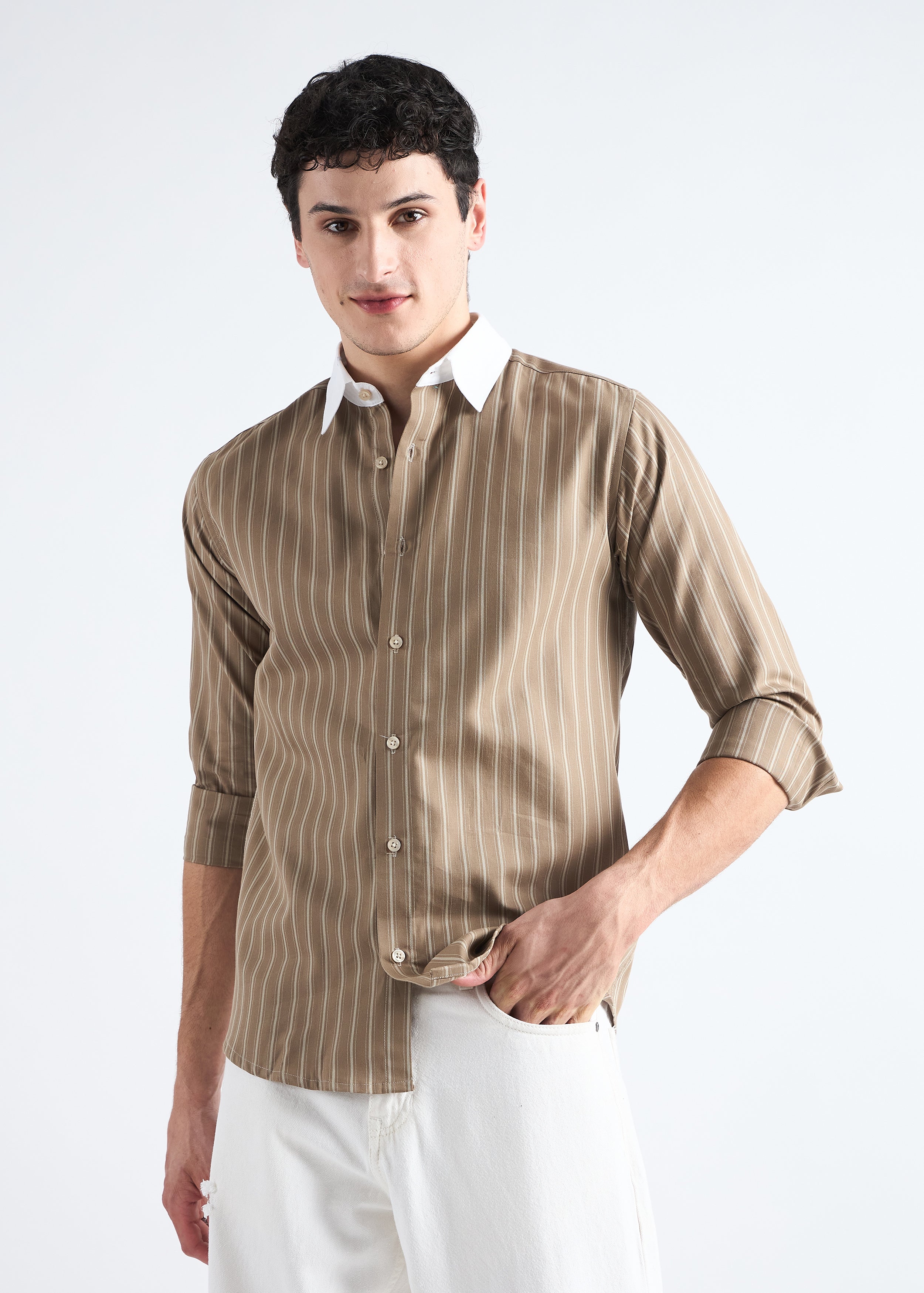 All Yours Grey Olive Classic Oxford Striped Shirt Front_1