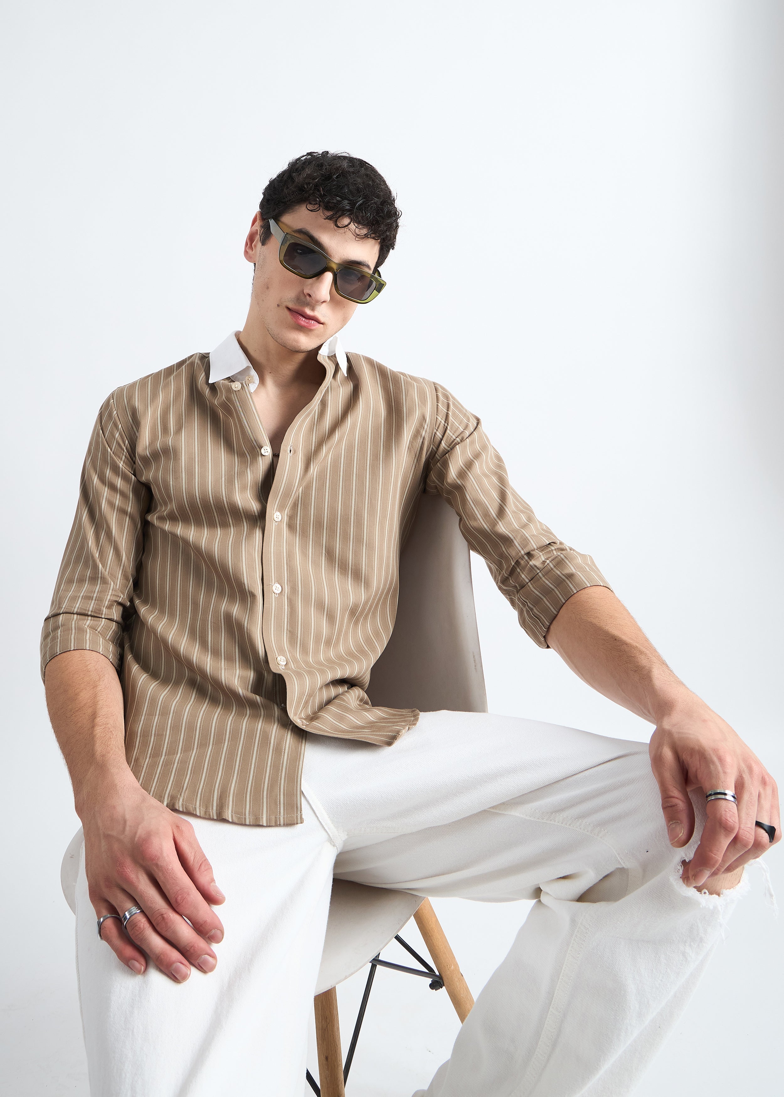 All Yours Grey Olive Classic Oxford Striped Shirt Sitting