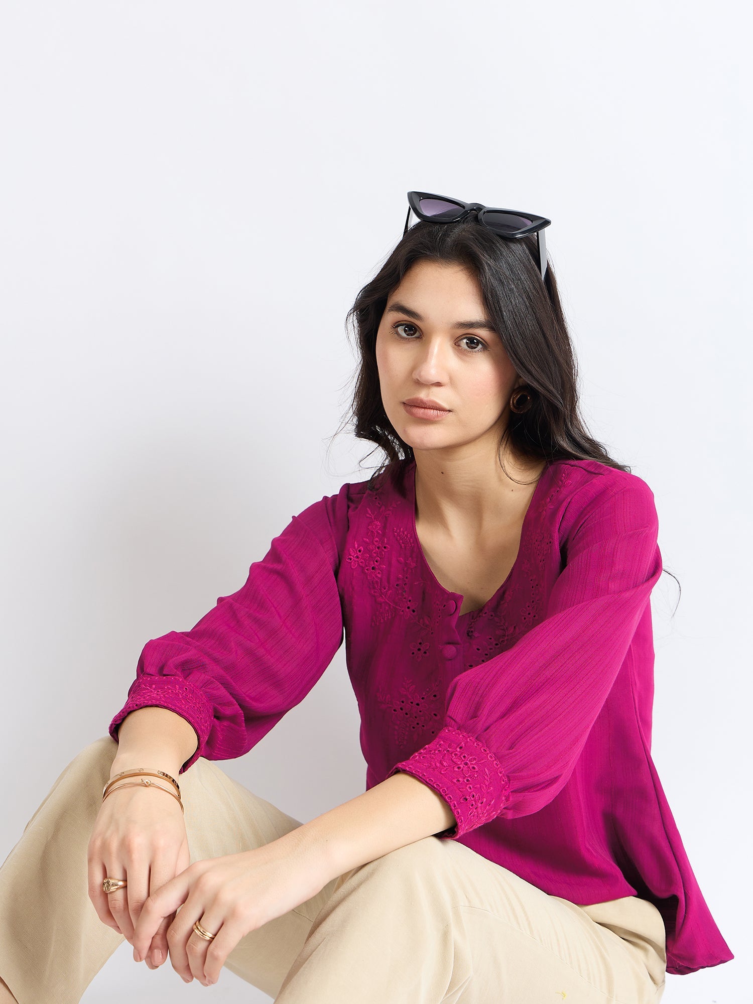 All Yours Hot Pink Floral Embroidered Blouse Zoom