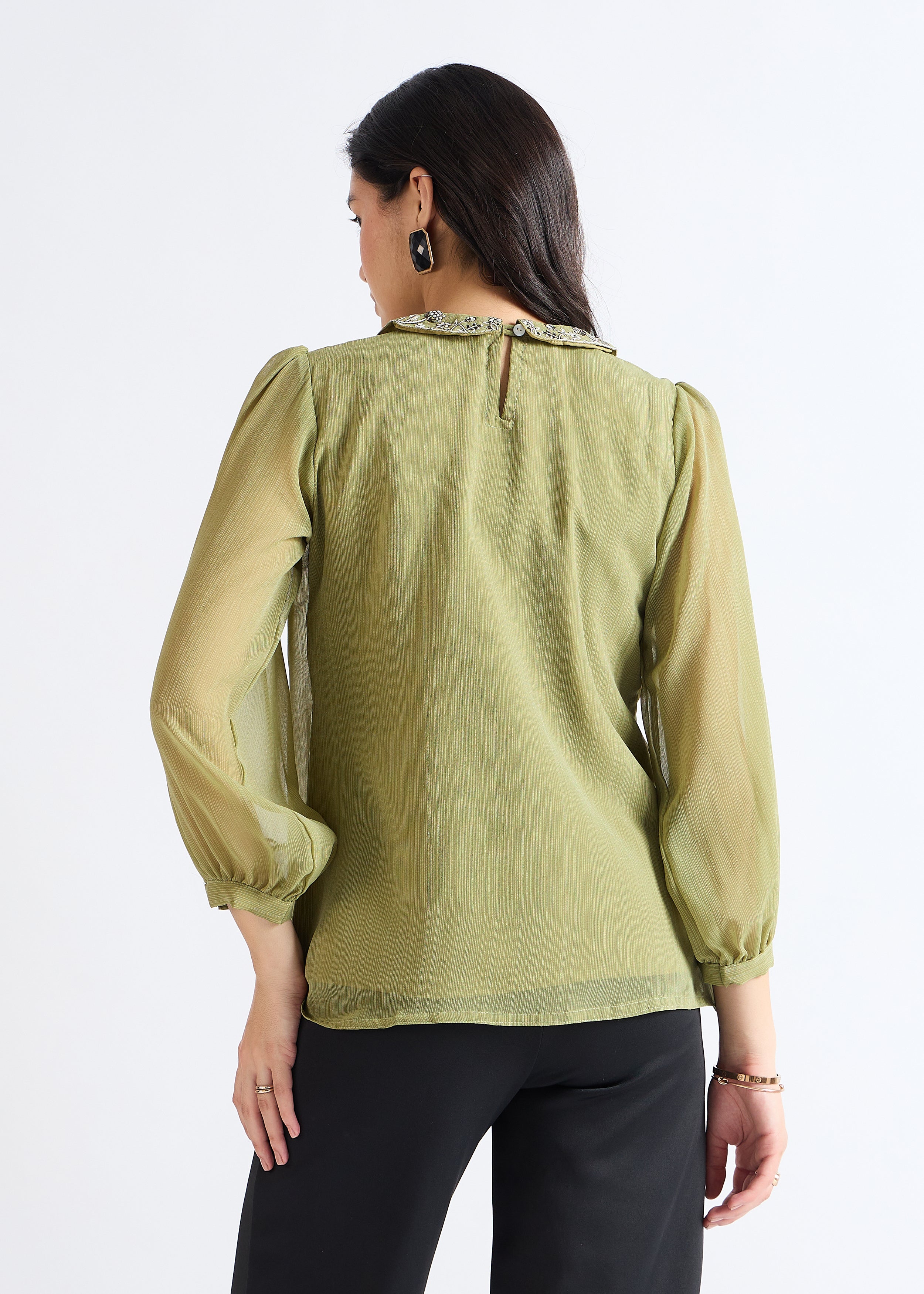 All Yours Iguana Green Embroidered Peter Pan Collar Blouse Back