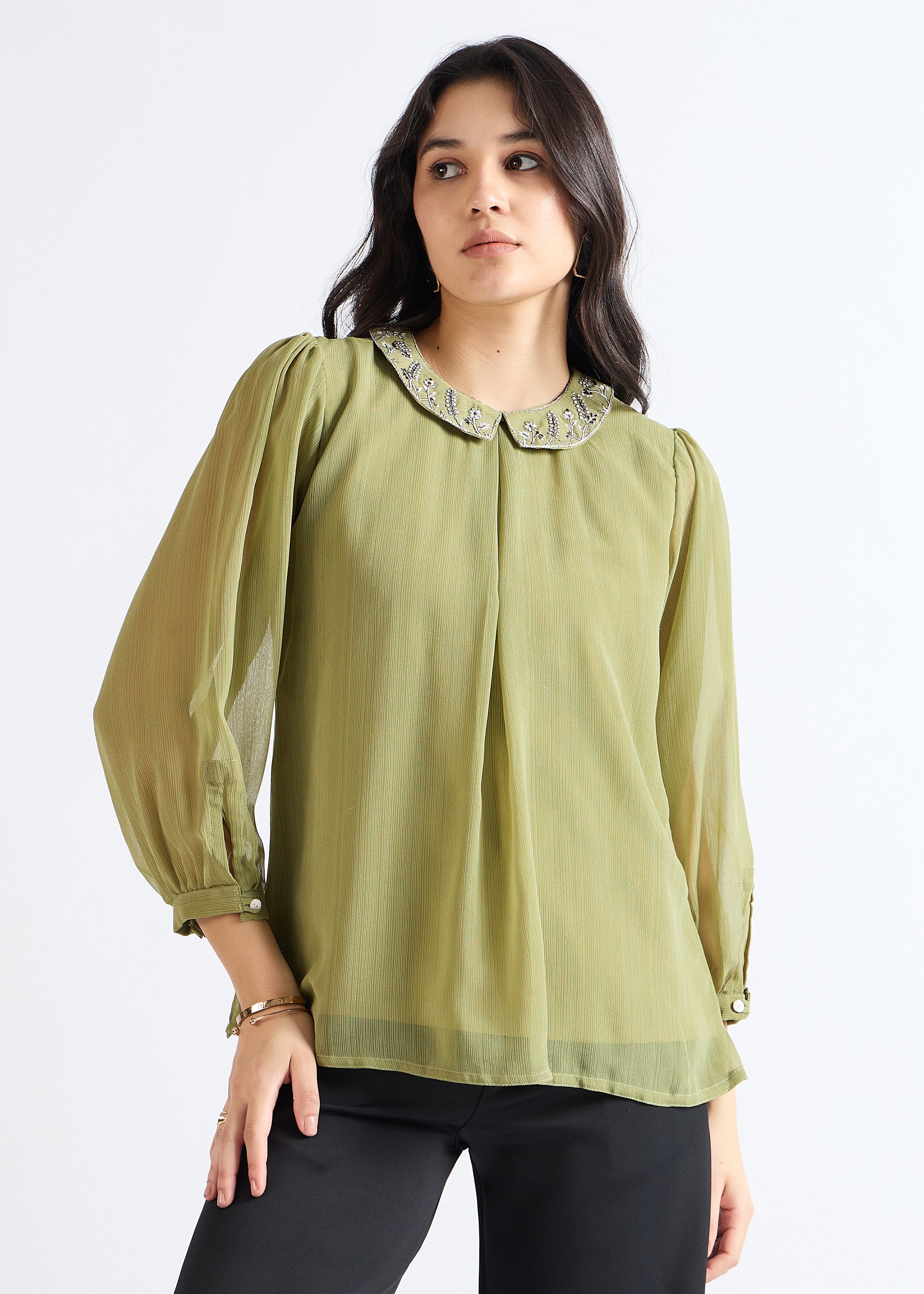 All Yours Iguana Green Embroidered Peter Pan Collar Blouse Front_1