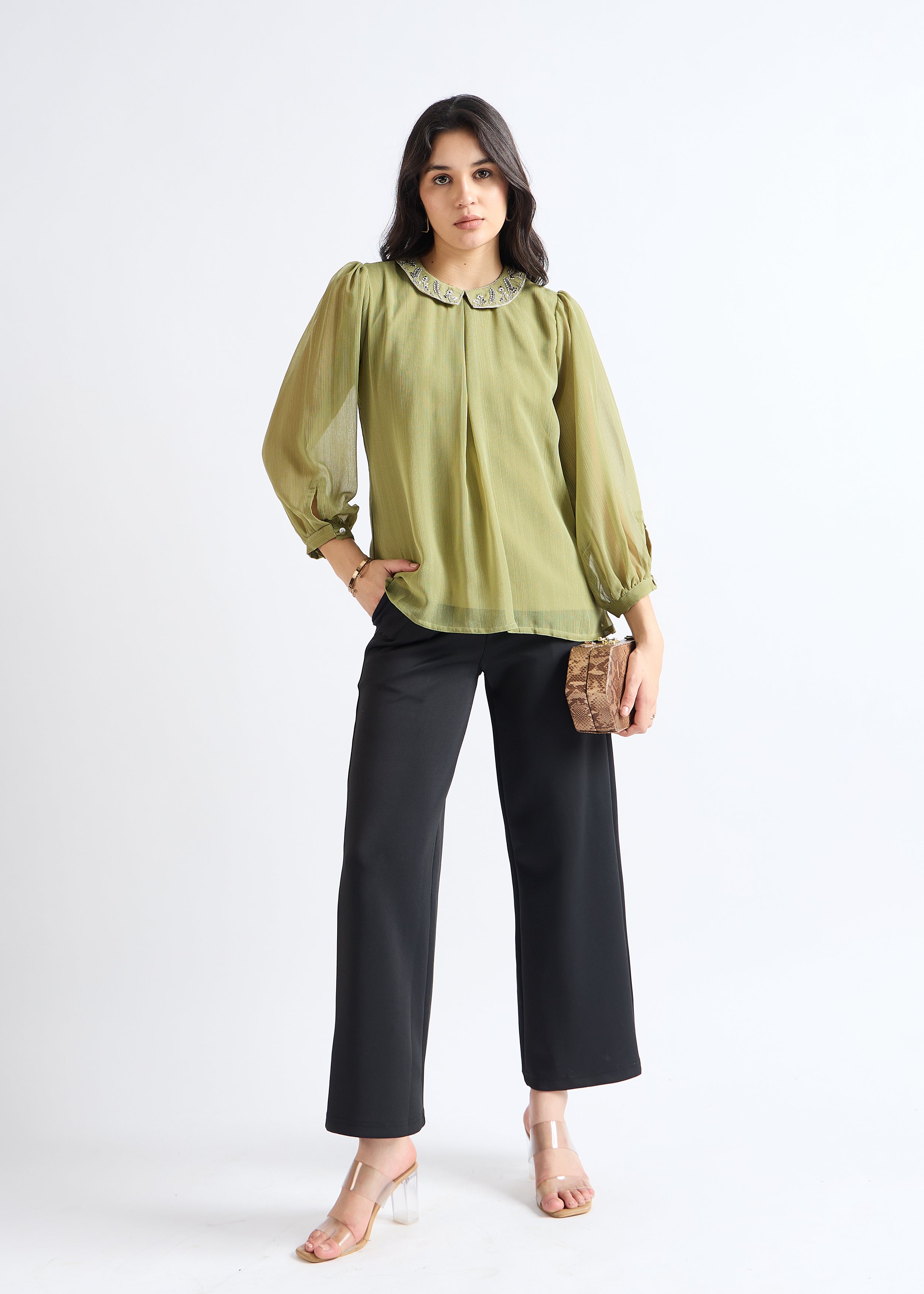 All Yours Iguana Green Embroidered Peter Pan Collar Blouse Front_2