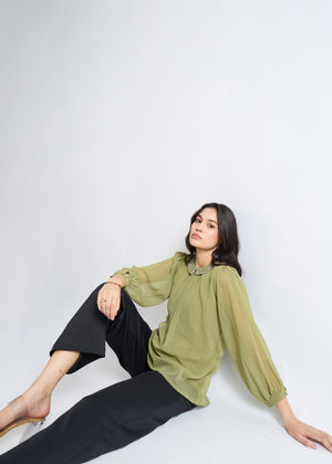 All Yours Iguana Green Embroidered Peter Pan Collar Blouse Sitting_2