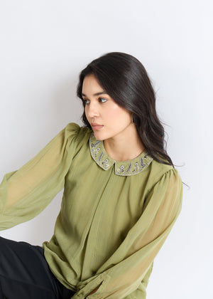 All Yours Iguana Green Embroidered Peter Pan Collar Blouse Zoom