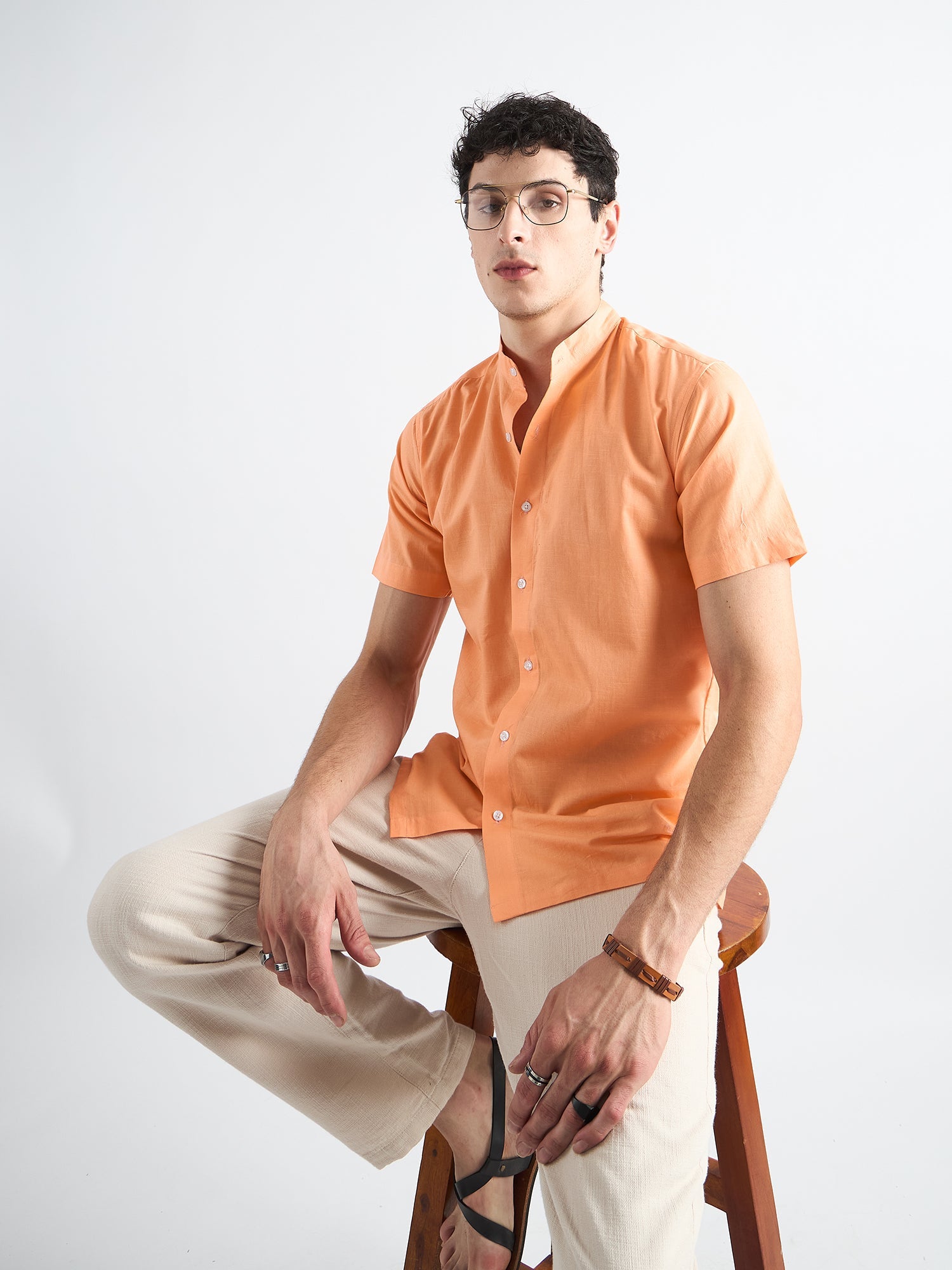 All Yours Indian Orange  Mandarin Collar Linen Shirt Sitting