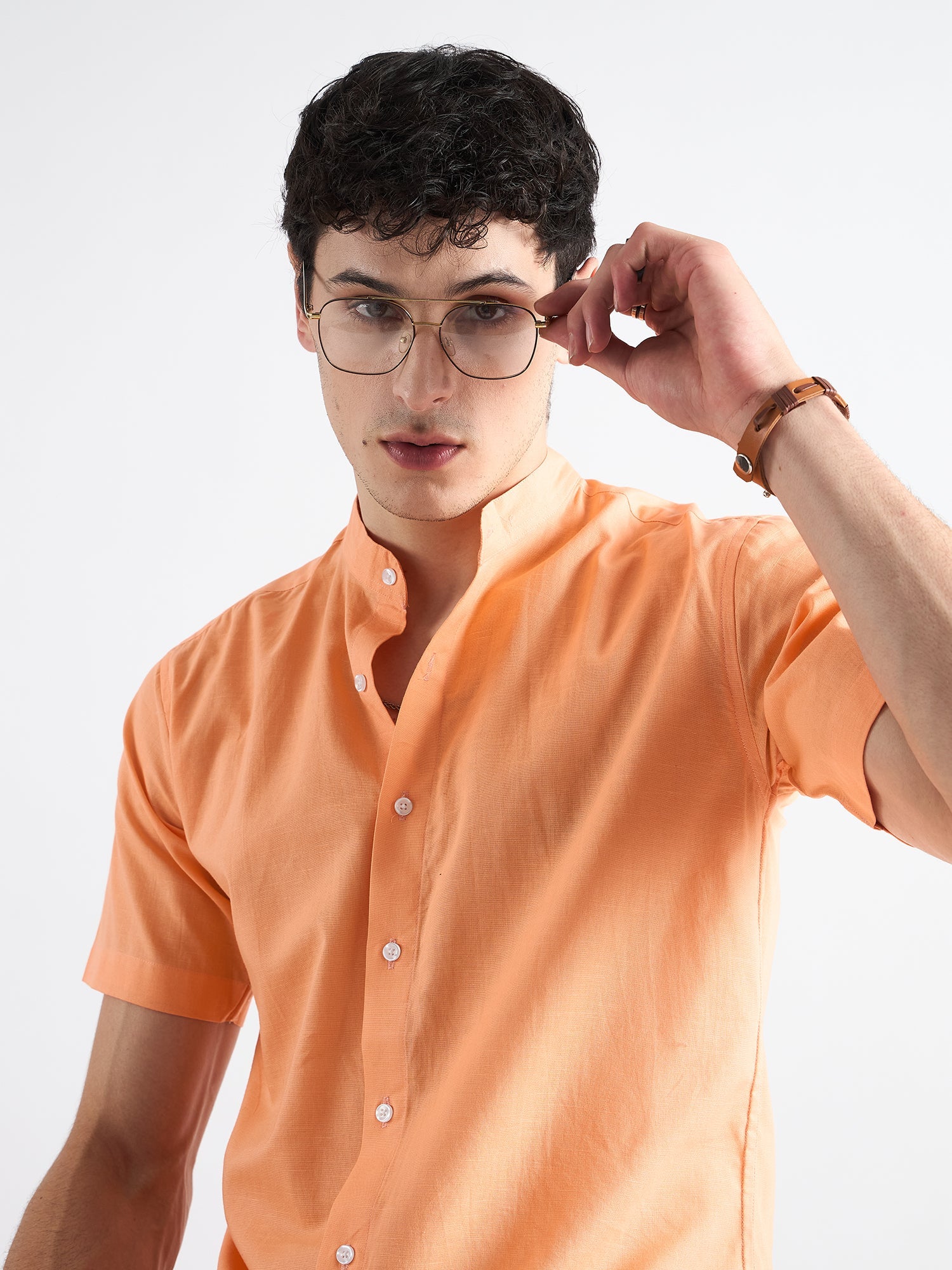 All Yours Indian Orange  Mandarin Collar Linen Shirt Zoom