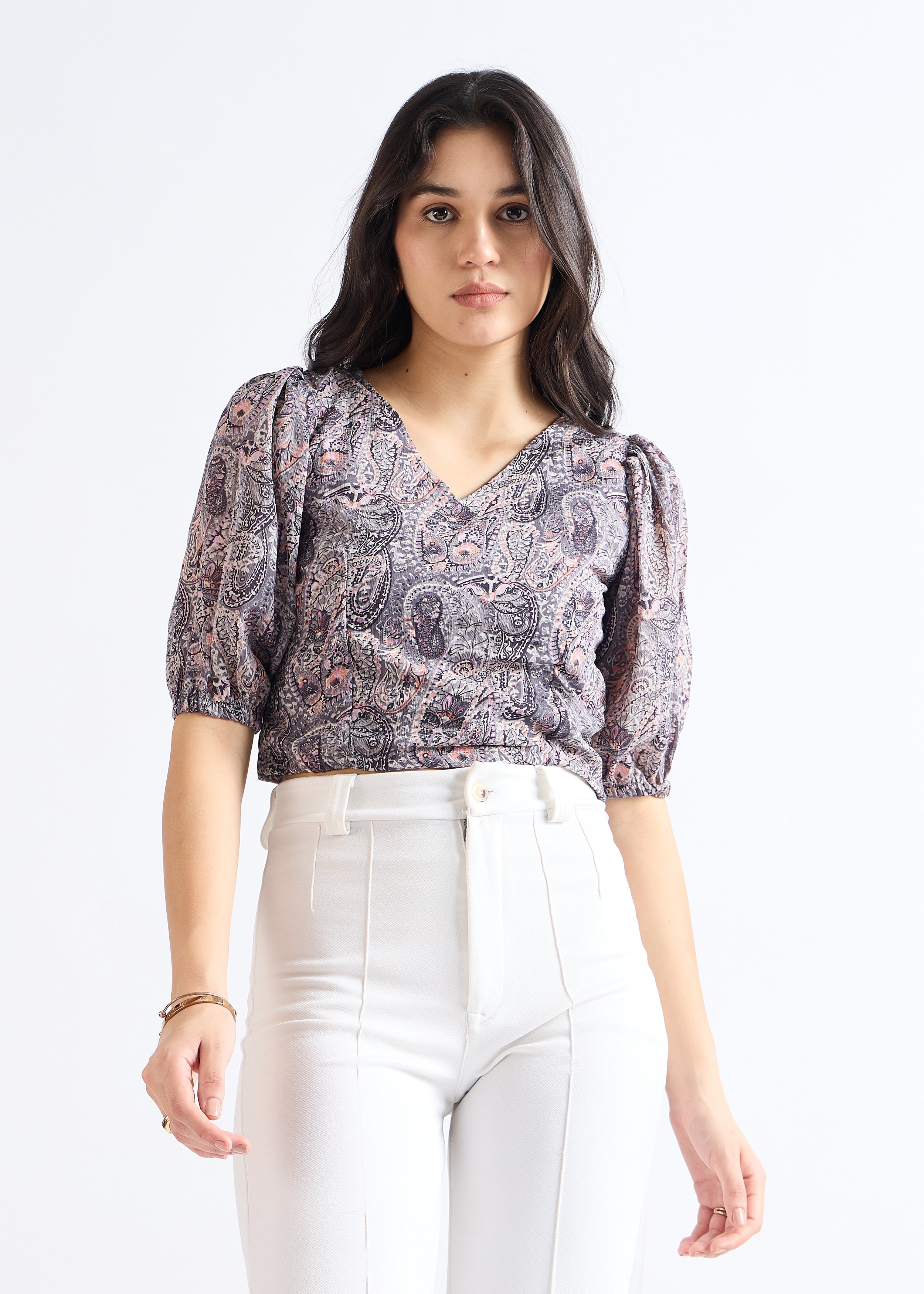 All Yours Lead Grey Ethnic Print Puff Sleeve Top Front_1
