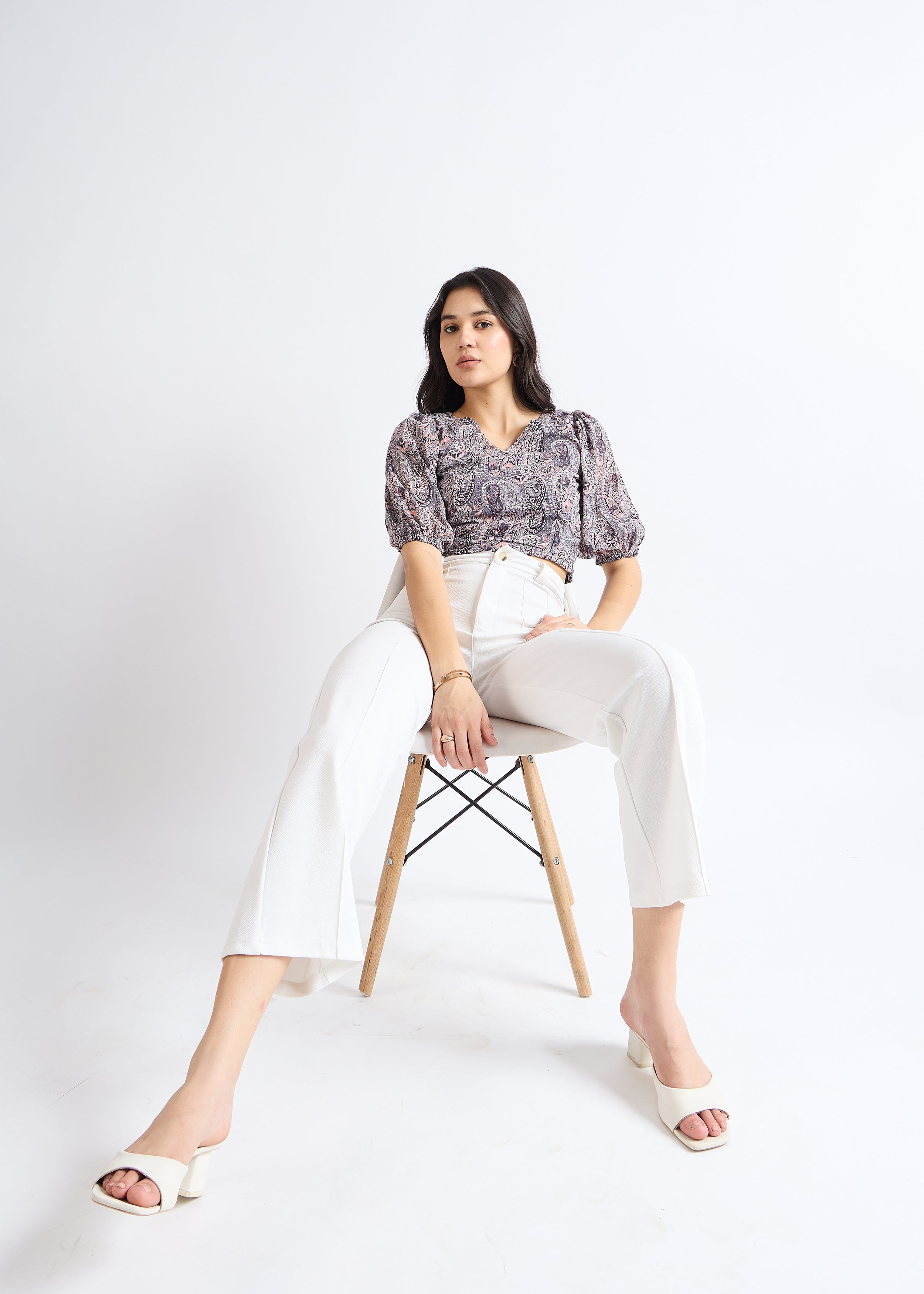 All Yours Lead Grey Ethnic Print Puff Sleeve Top Sitting