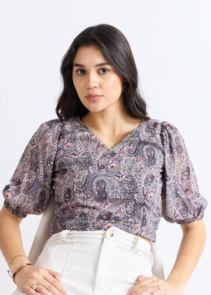 All Yours Lead Grey Ethnic Print Puff Sleeve Top Zoom