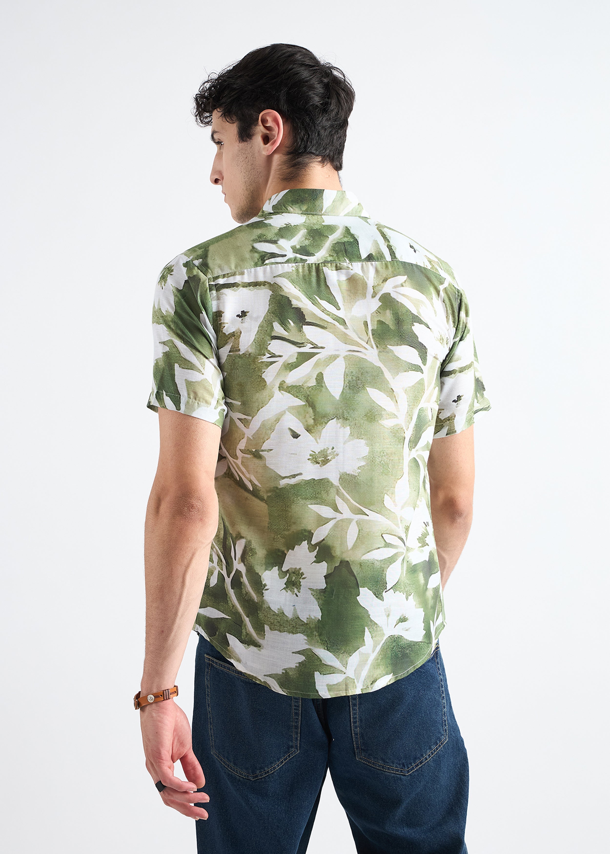 All Yours Leafy green Printed Linen Blend Shirt Back