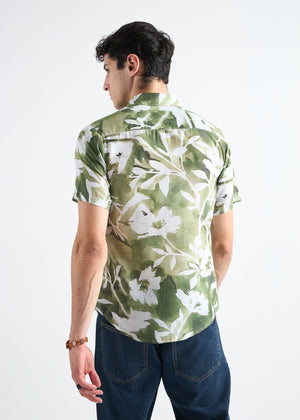 All Yours Leafy green Printed Linen Blend Shirt Back