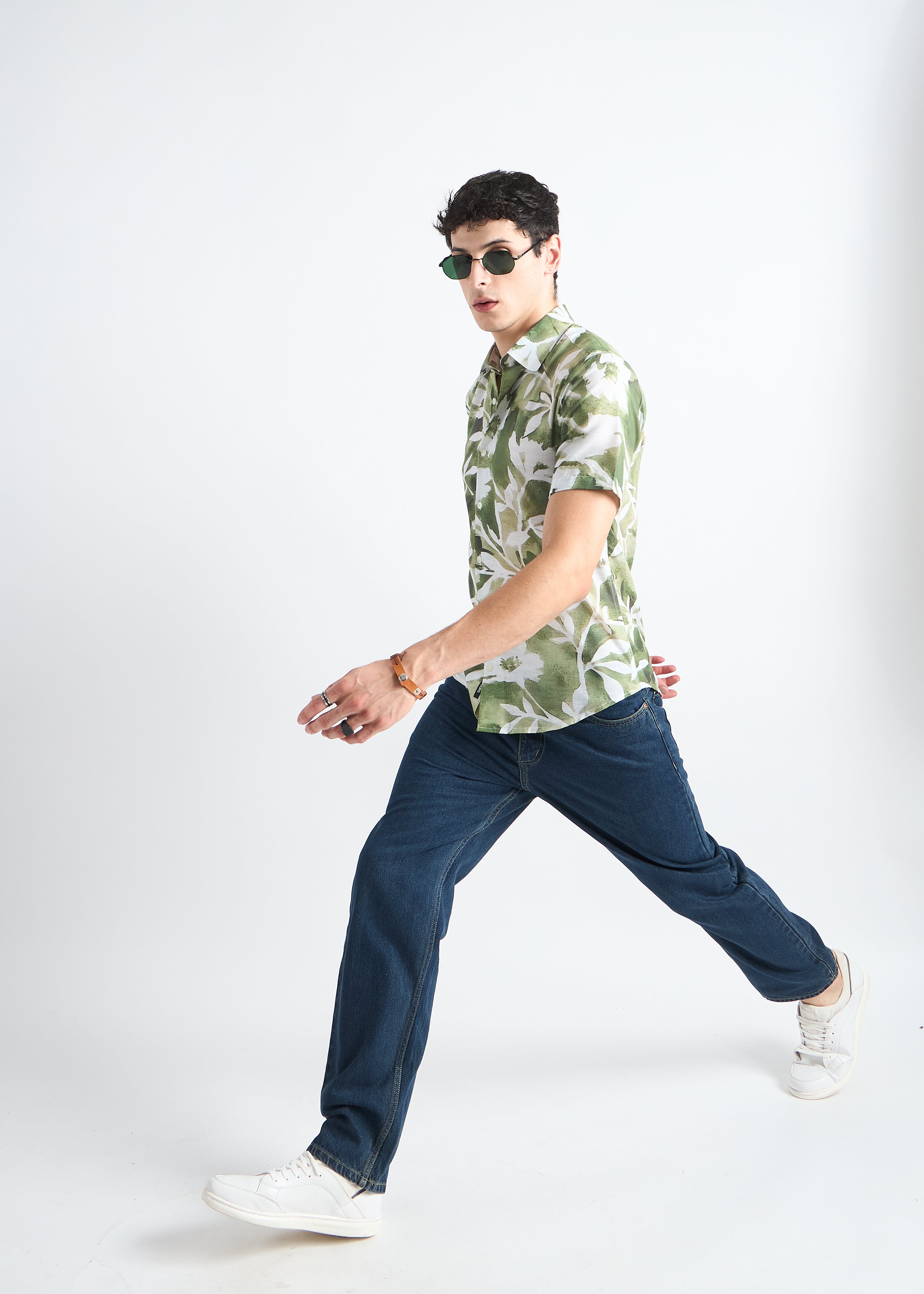 All Yours Leafy green Printed Linen Blend Shirt Front_2