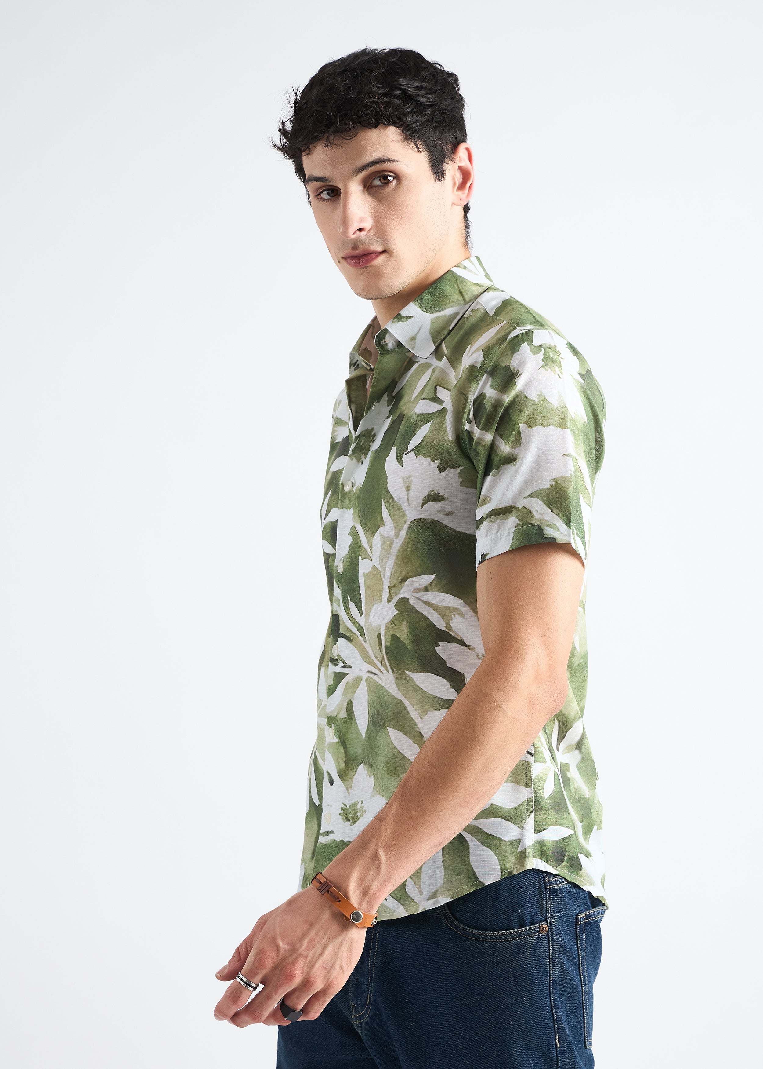 All Yours Leafy green Printed Linen Blend Shirt Side
