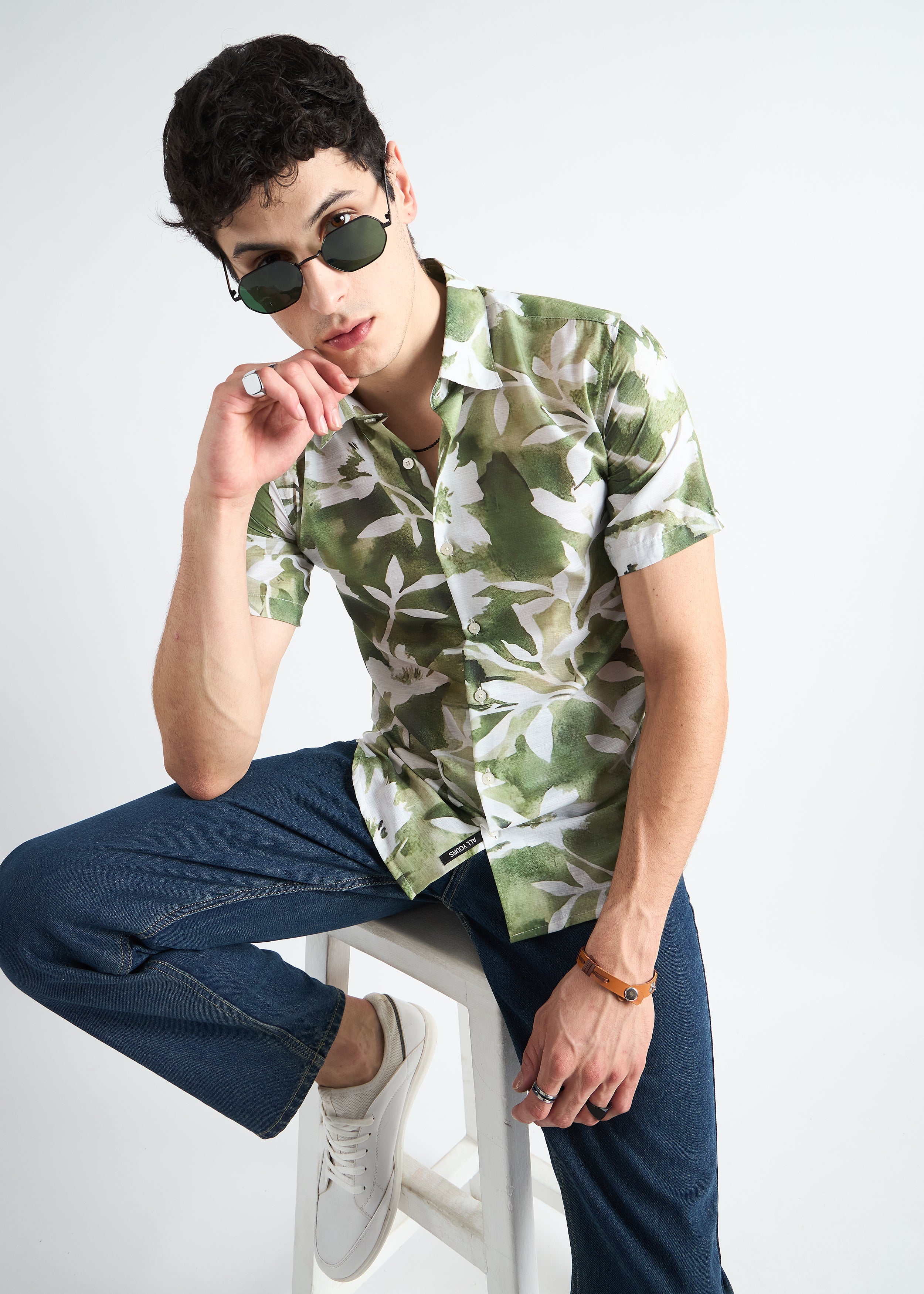 All Yours Leafy green Printed Linen Blend Shirt Sitting