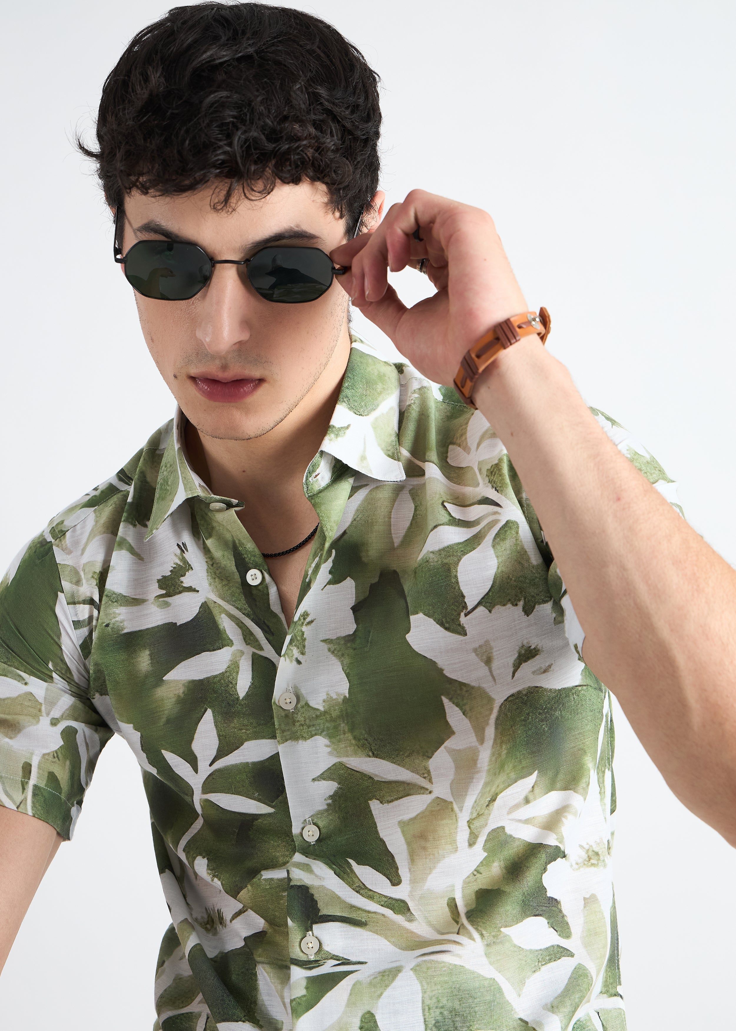 All Yours Leafy green Printed Linen Blend Shirt Zoom