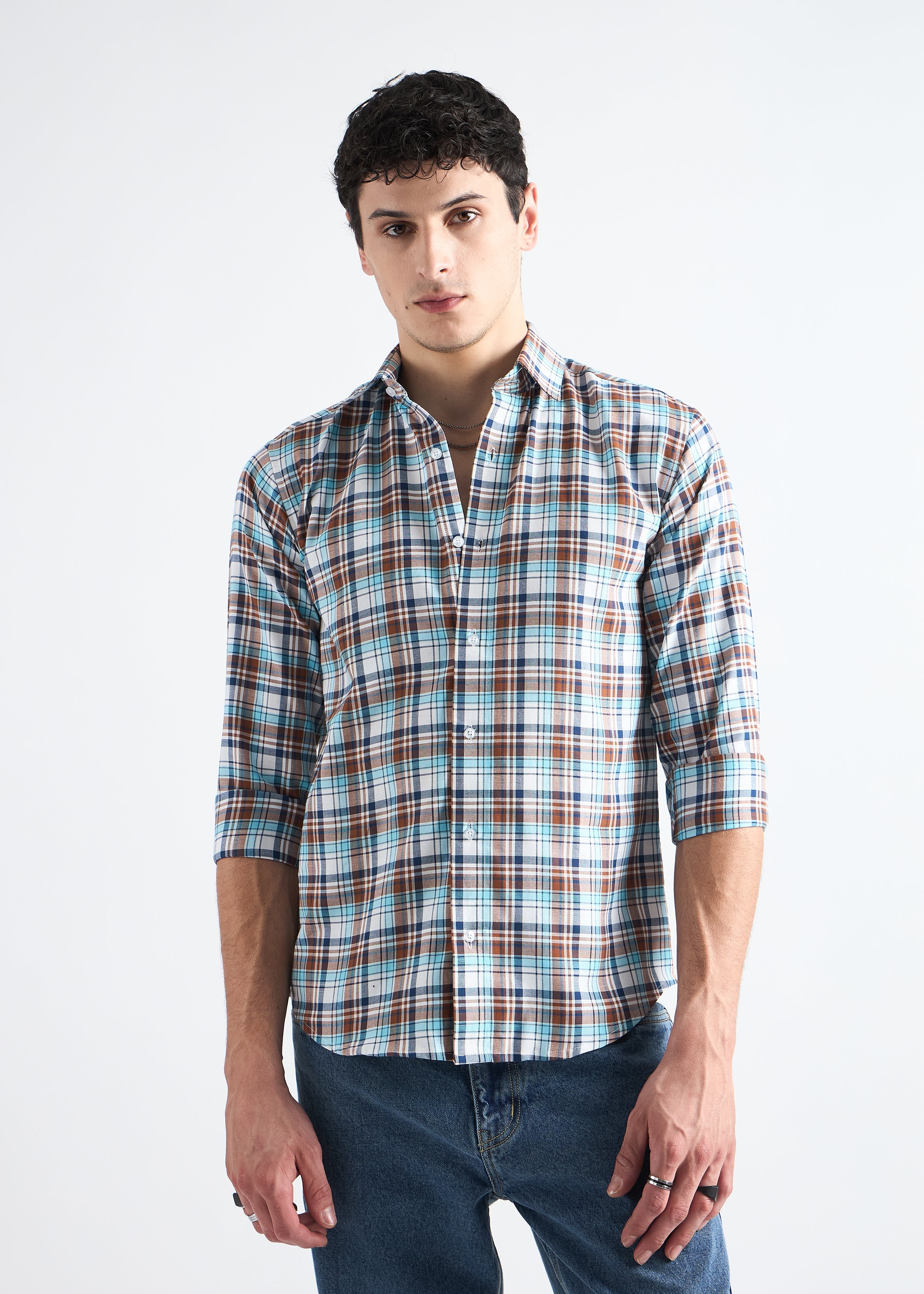 All Yours Light Blue Premium Cotton Check Shirt Front_1