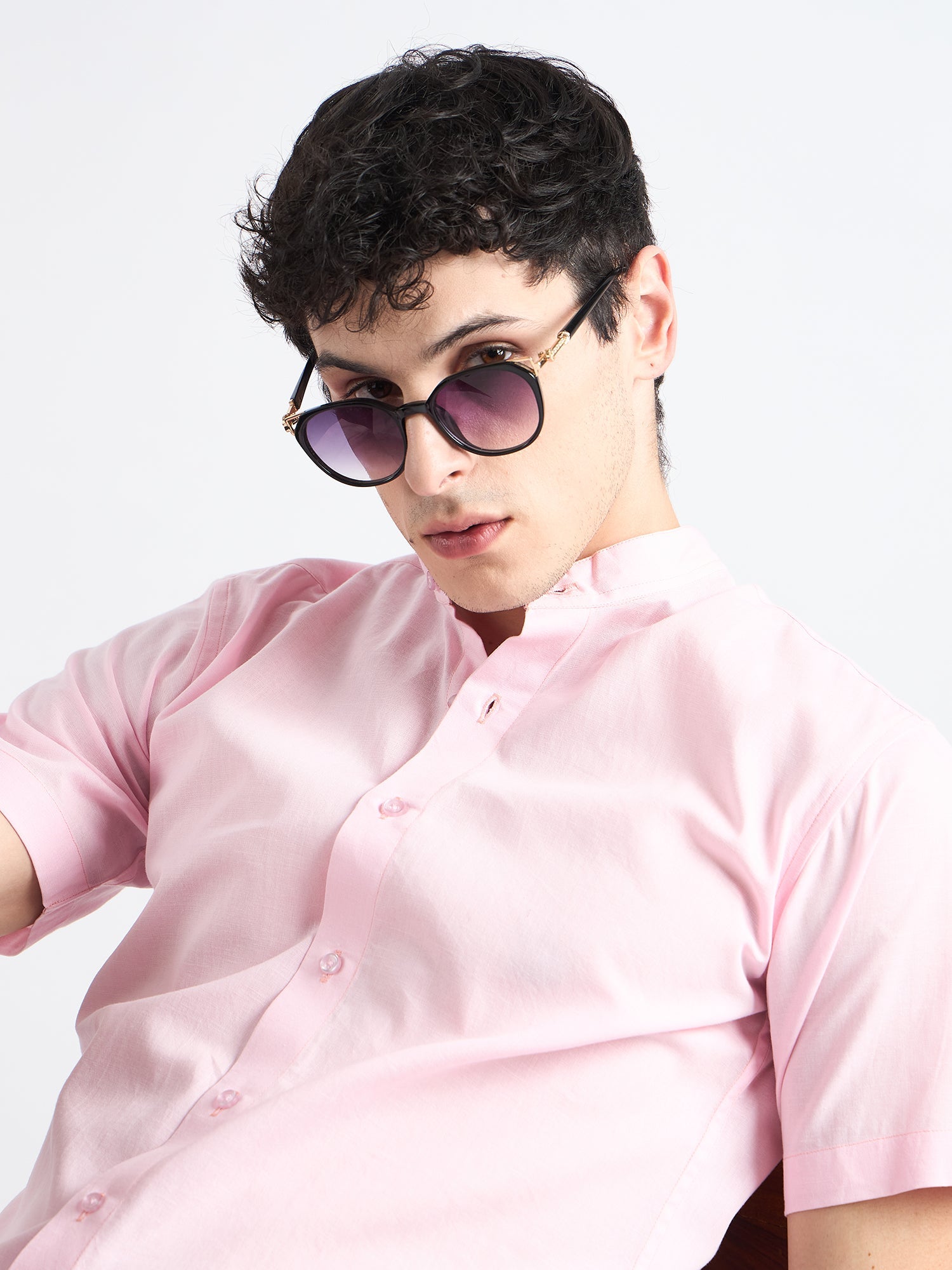 All Yours Light Pink  Mandarin Collar Linen Zoom