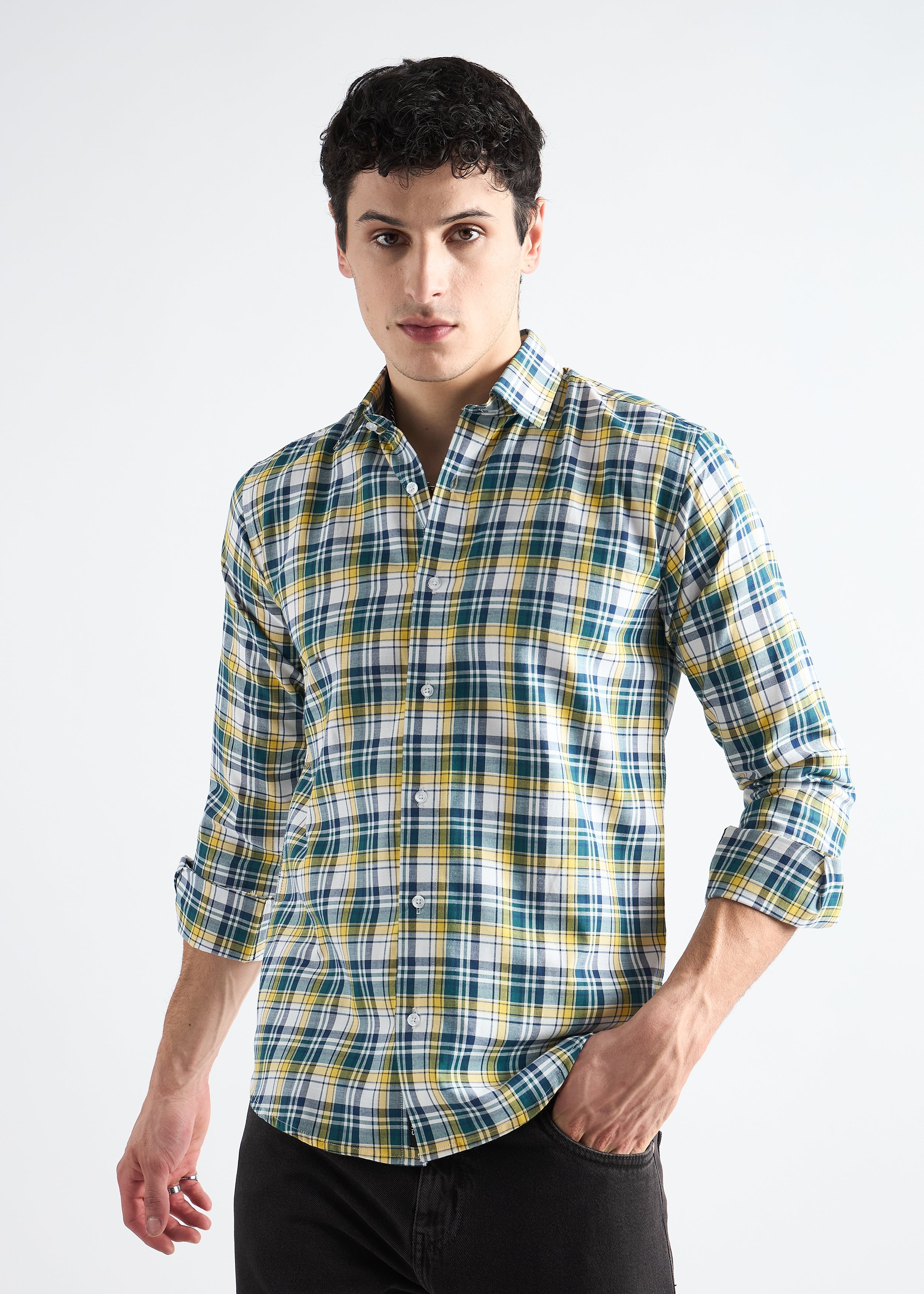 All Yours Light Yellow Premium Cotton Check Shirt Front_1