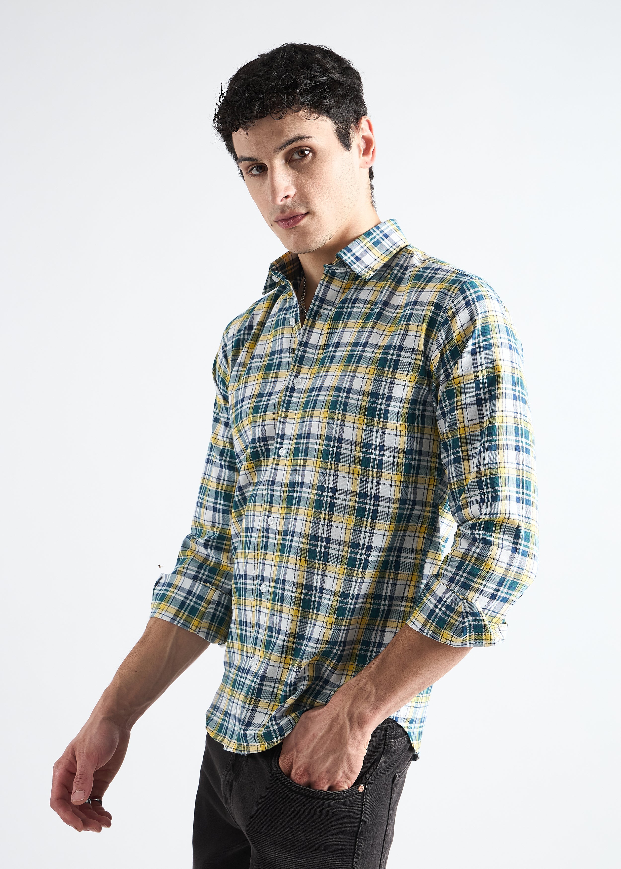 All Yours Light Yellow Premium Cotton Check Shirt Side
