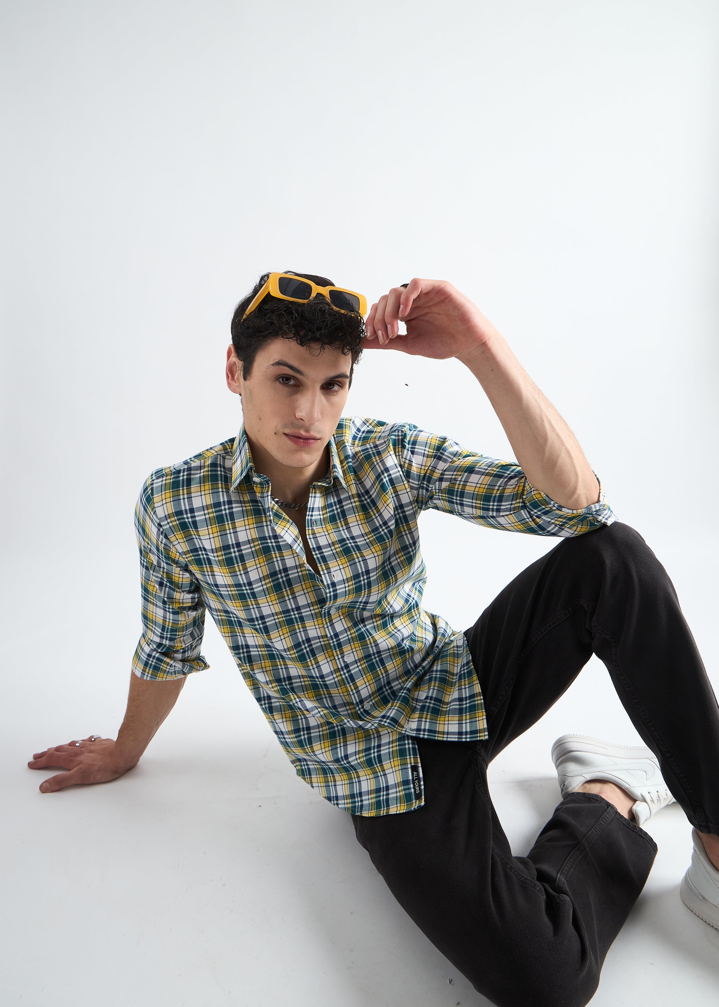 All Yours Light Yellow Premium Cotton Check Shirt Sitting