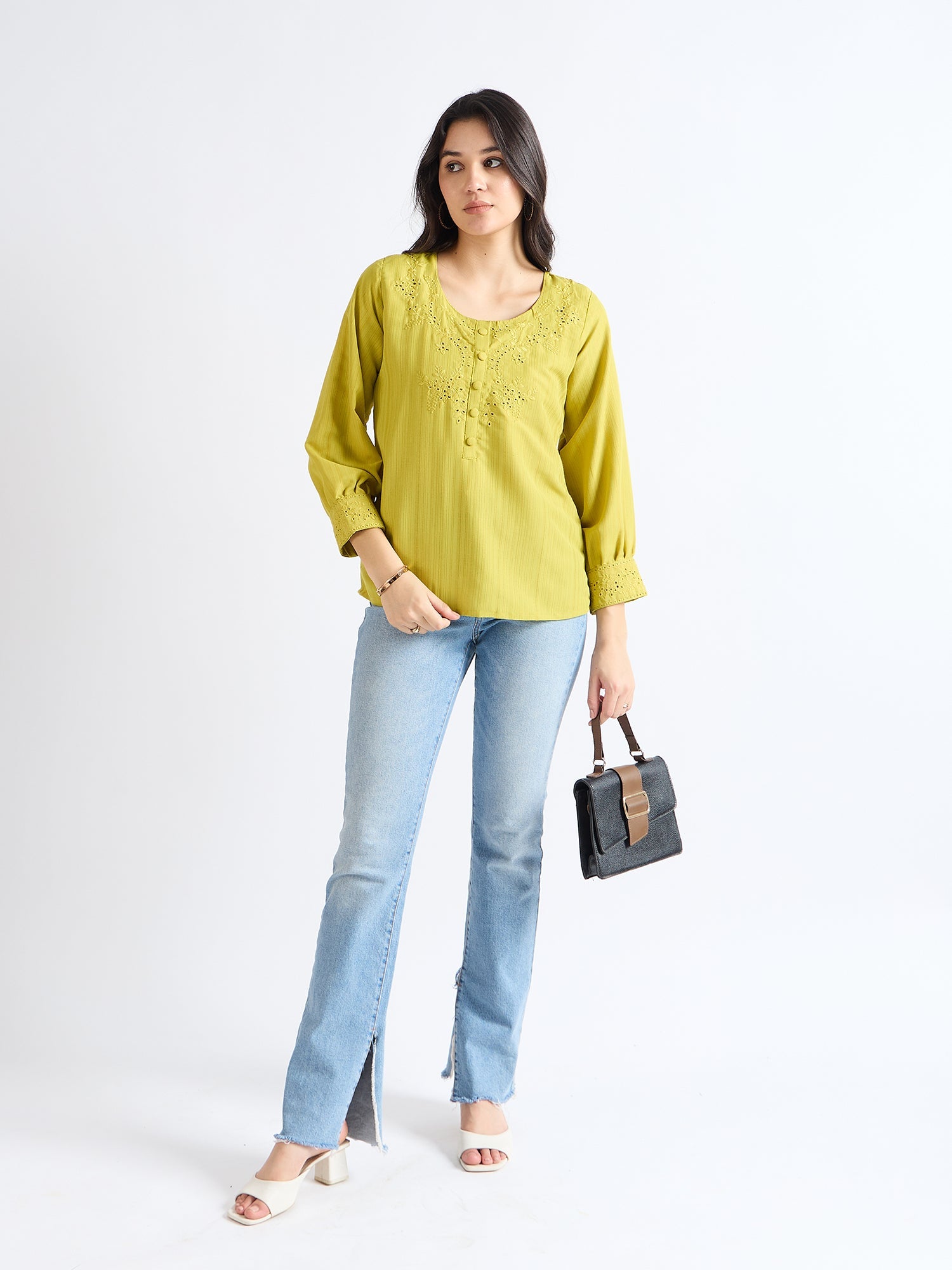 All Yours Lime Floral Embroidered Blouse Front_2