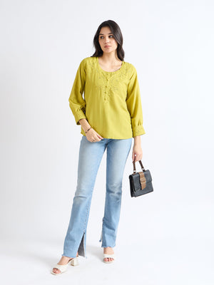 All Yours Lime Floral Embroidered Blouse Front_2