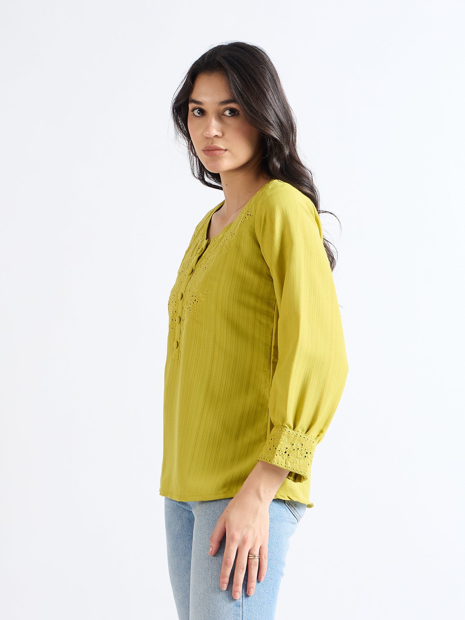 All Yours Lime Floral Embroidered Blouse Side