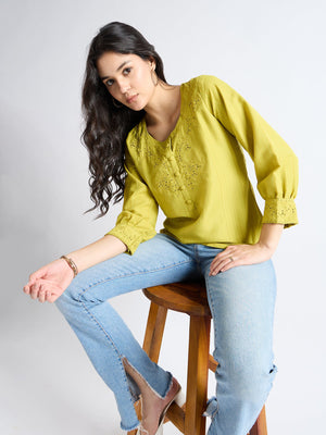 All Yours Lime Floral Embroidered Blouse Sitting